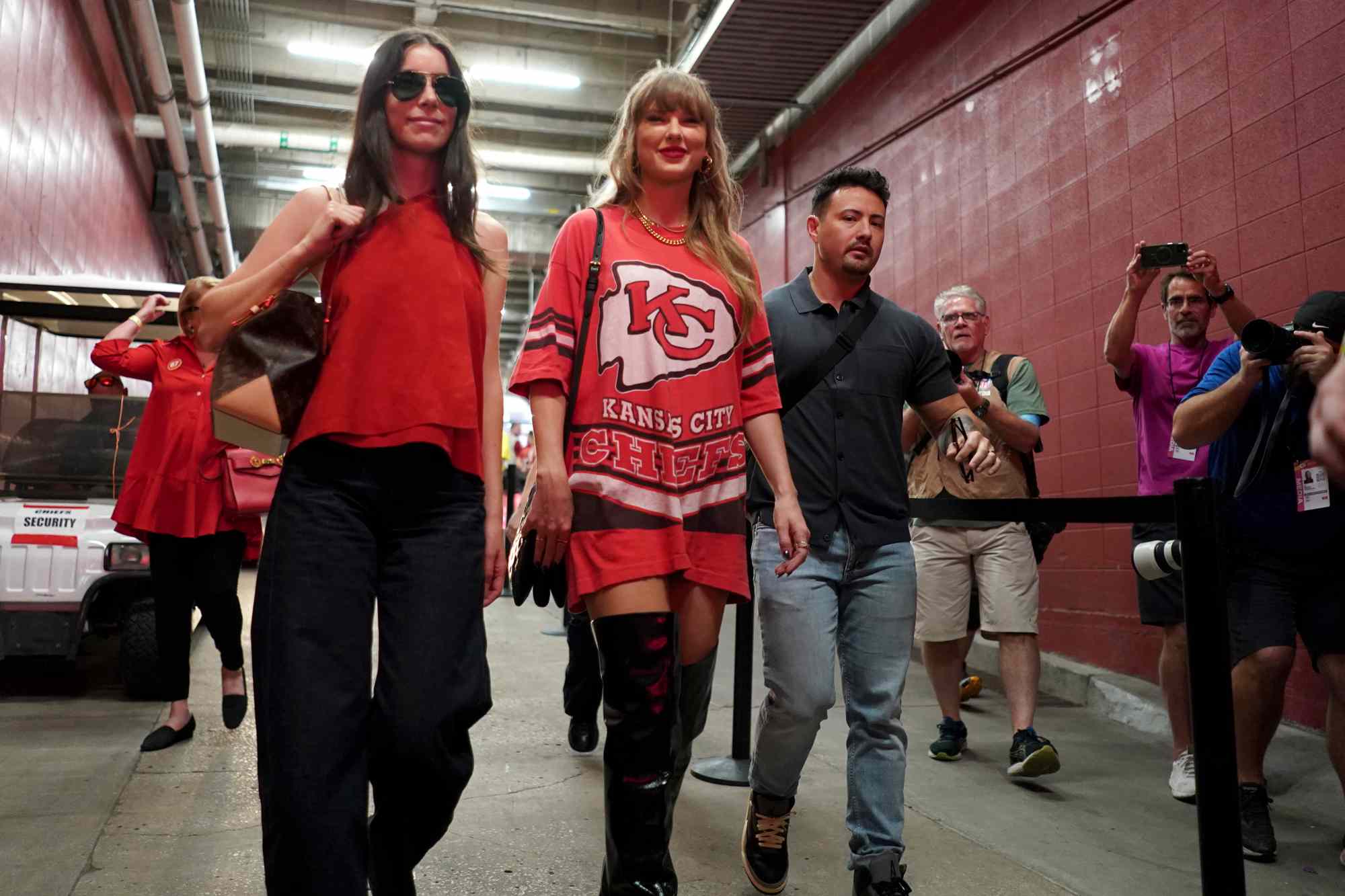 Taylor Swift arrives before the start of an NFL football game between the Kansas City Chiefs and the Cincinnati Bengals Sunday, Sept. 15, 2024, in Kansas City, Mo.