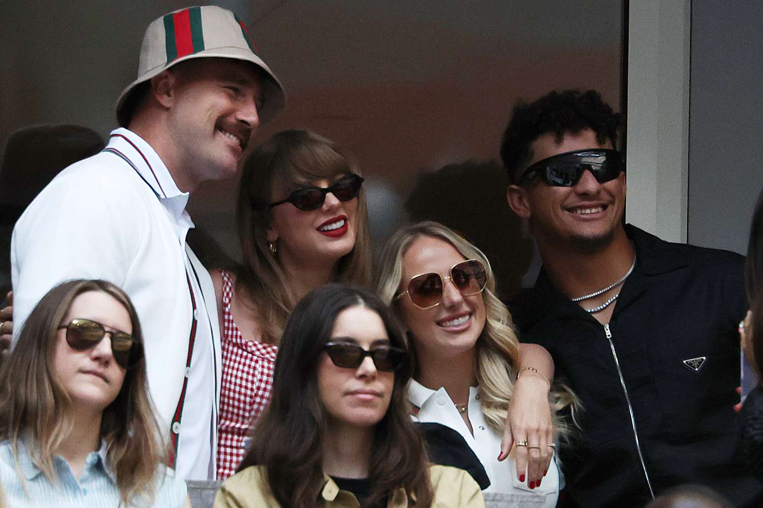 Singer-songwriter Taylor Swift, Travis Kelce and Patrick Mahomes of the Kansas City Chiefs and Brittany Mahomes attend the Men's Singles Final match between Taylor Fritz of the United States and Jannik Sinner of Italy on Day Fourteen of the 2024 US Open at USTA Billie Jean King National Tennis Center on September 08, 2024 in the Flushing neighborhood of the Queens borough of New York City. 