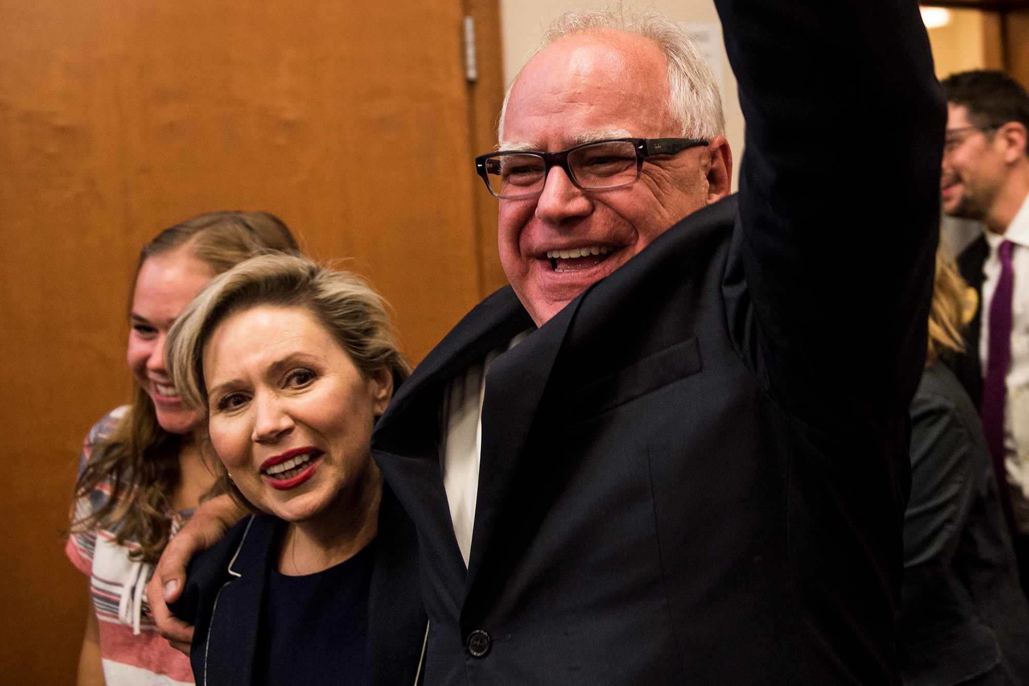 Tim Walz and Gwen Walz celebrate while entering his election night party on August 14, 2018 in St Paul, Minnesota.