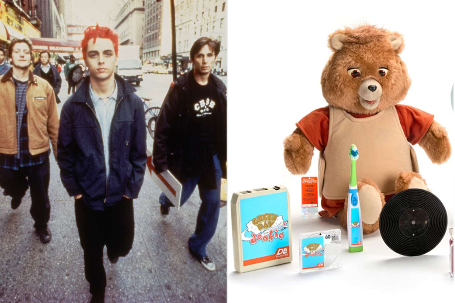 Punk rock trio Green Day (L-R) bassist Mike Dirnt, vocalist & guitarist Billie Joe (Armstrong) & drummer Tre Cool sauntering streets of NYC, Green Day Dookie Remastered