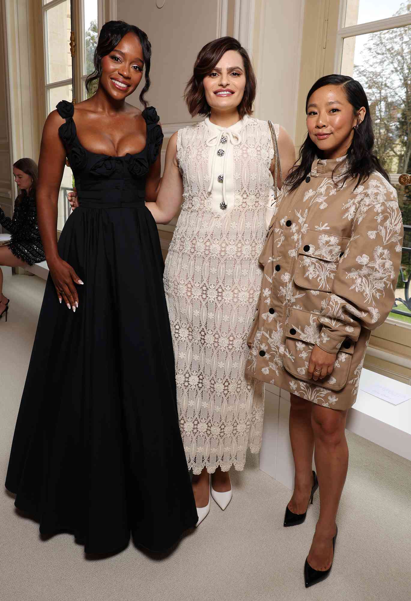 Aja Naomi King, Nava Mau and Stephanie Hsu attend the Giambattista Valli Paris Womenswear Spring-Summer 2025 show as part of Paris Fashion Week on September 27, 2024 in Paris, France.