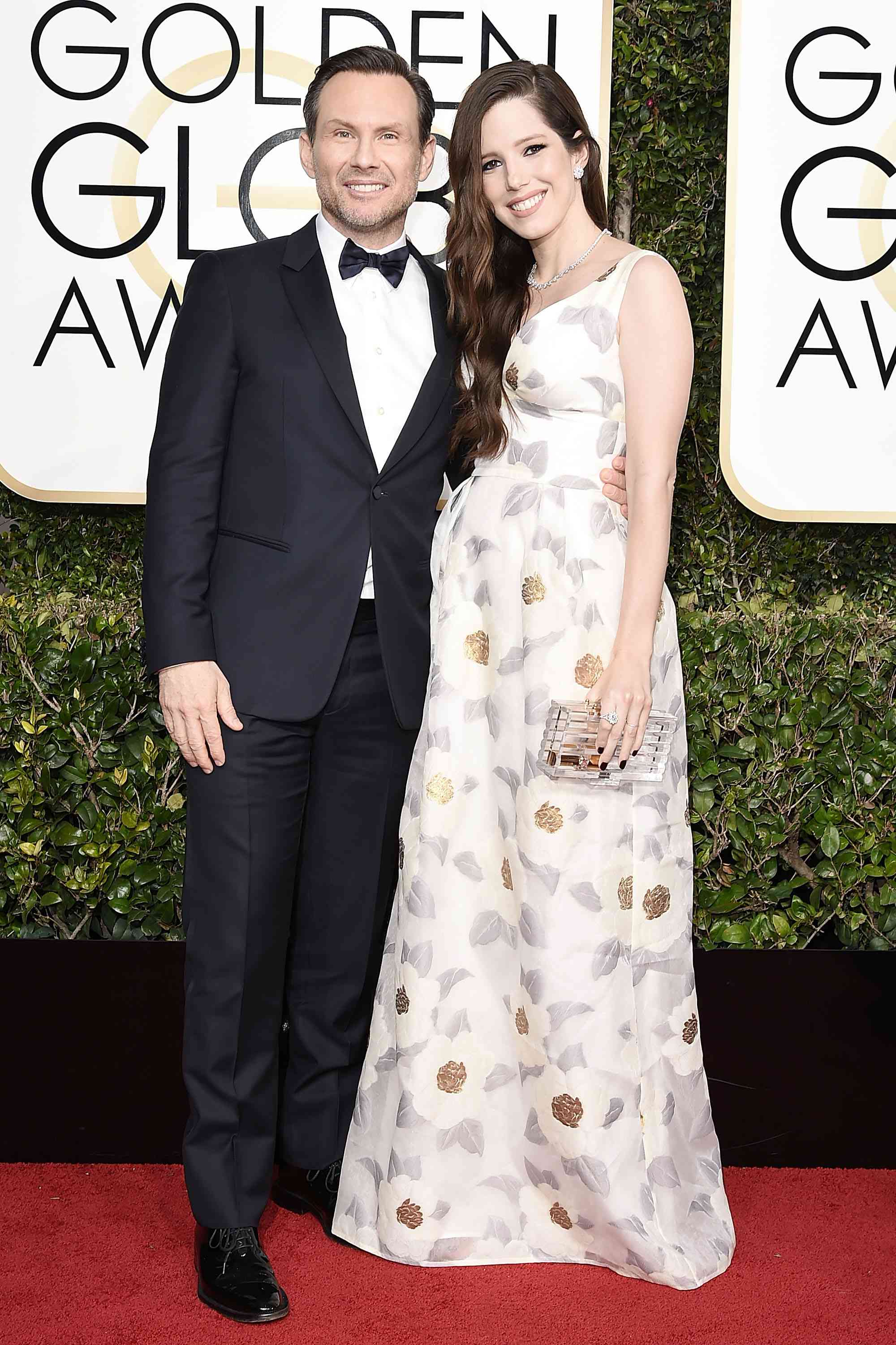 Christian Slater and Brittany Lopez at the 74th Annual Golden Globe Awards.