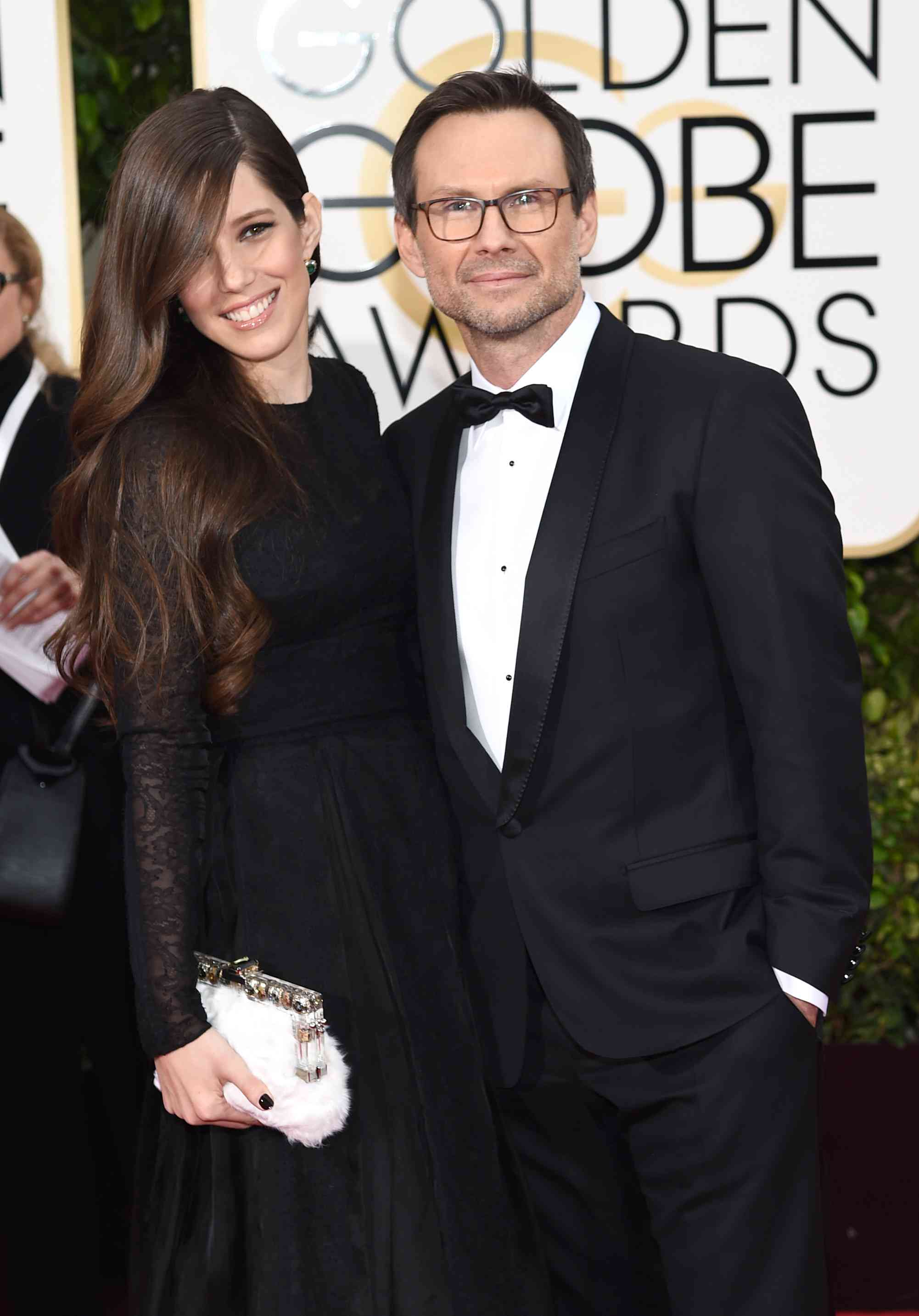 Brittany Lopez and Christian Slater arrive at the 73rd Annual Golden Globe Awards.