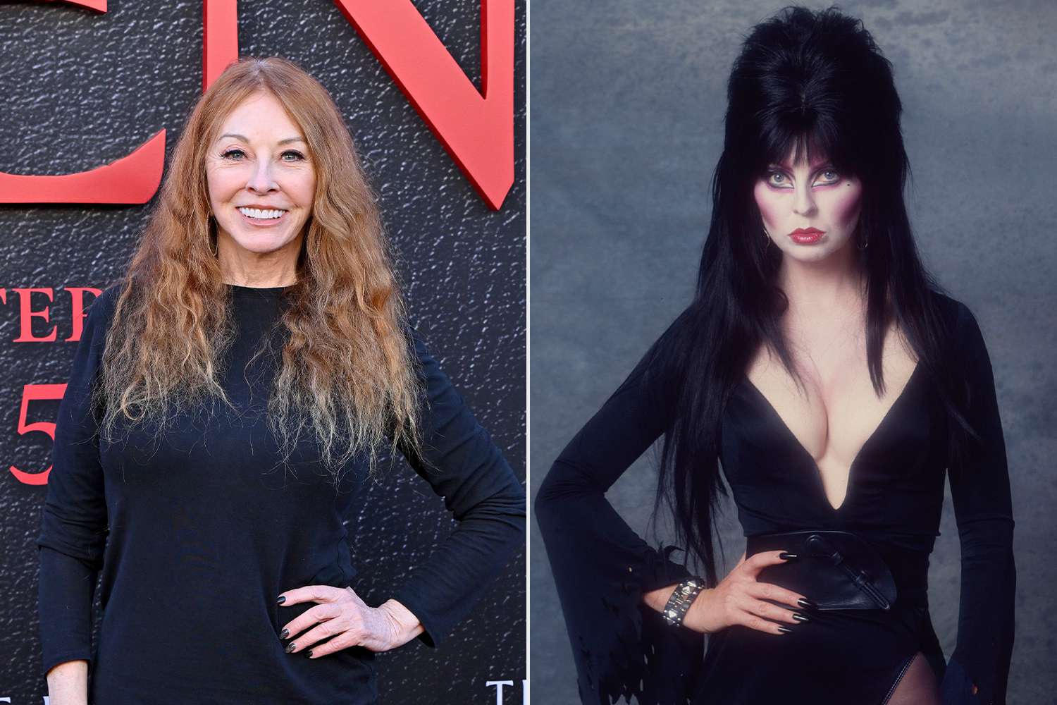 Cassandra Peterson attends the Los Angeles Premiere of 20th Century Studio's "The First Omen"; Cassandra Peterson as Elvira pose for a portrait in October 1983 in Los Angeles, California