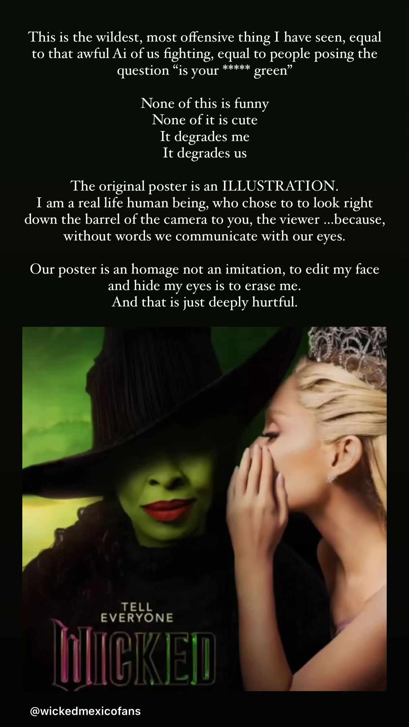 Cynthia Erivo reposts poster from Wicked on Instagram Story on her calling out people on the internet for altering the poster to better match the Broadway musical's poster 