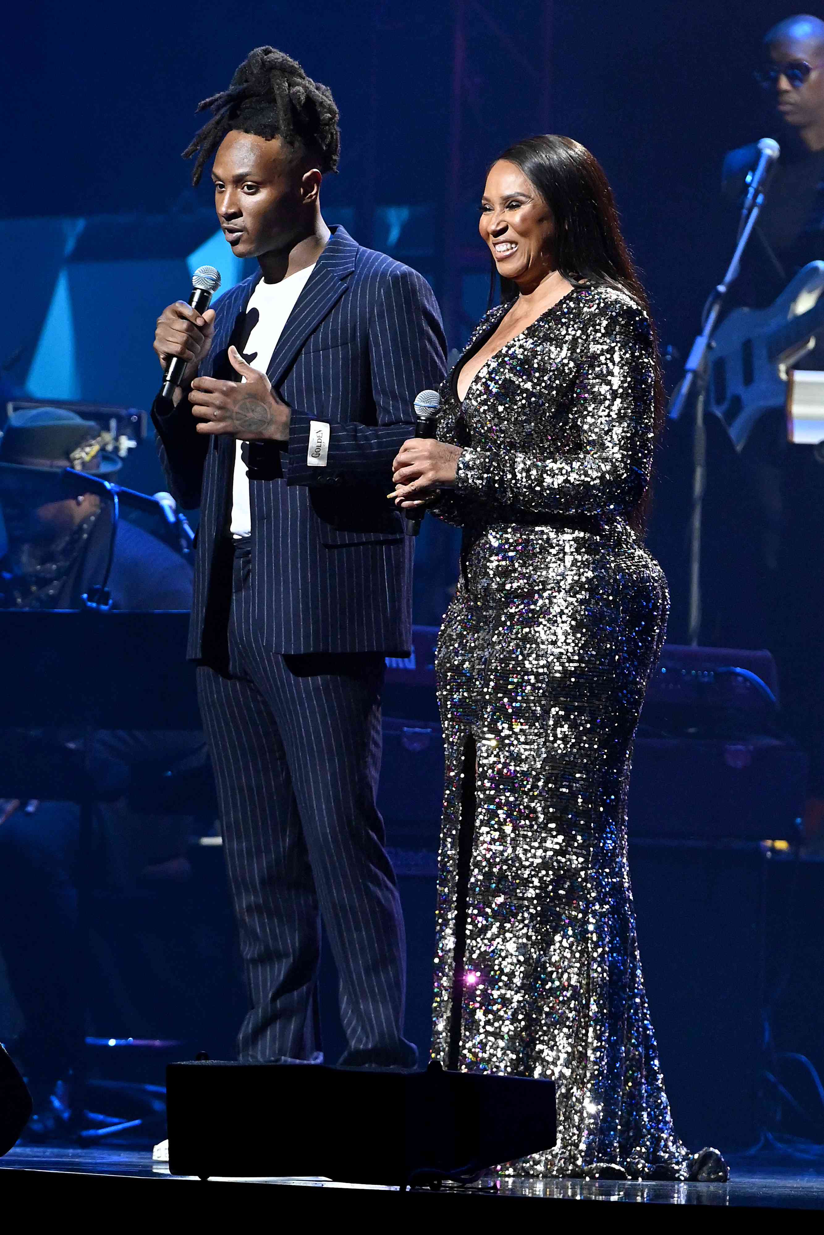 Deandre Hopkins and his mom Sabrina Greenlee onstage during the BET Super Bowl Gospel Celebration