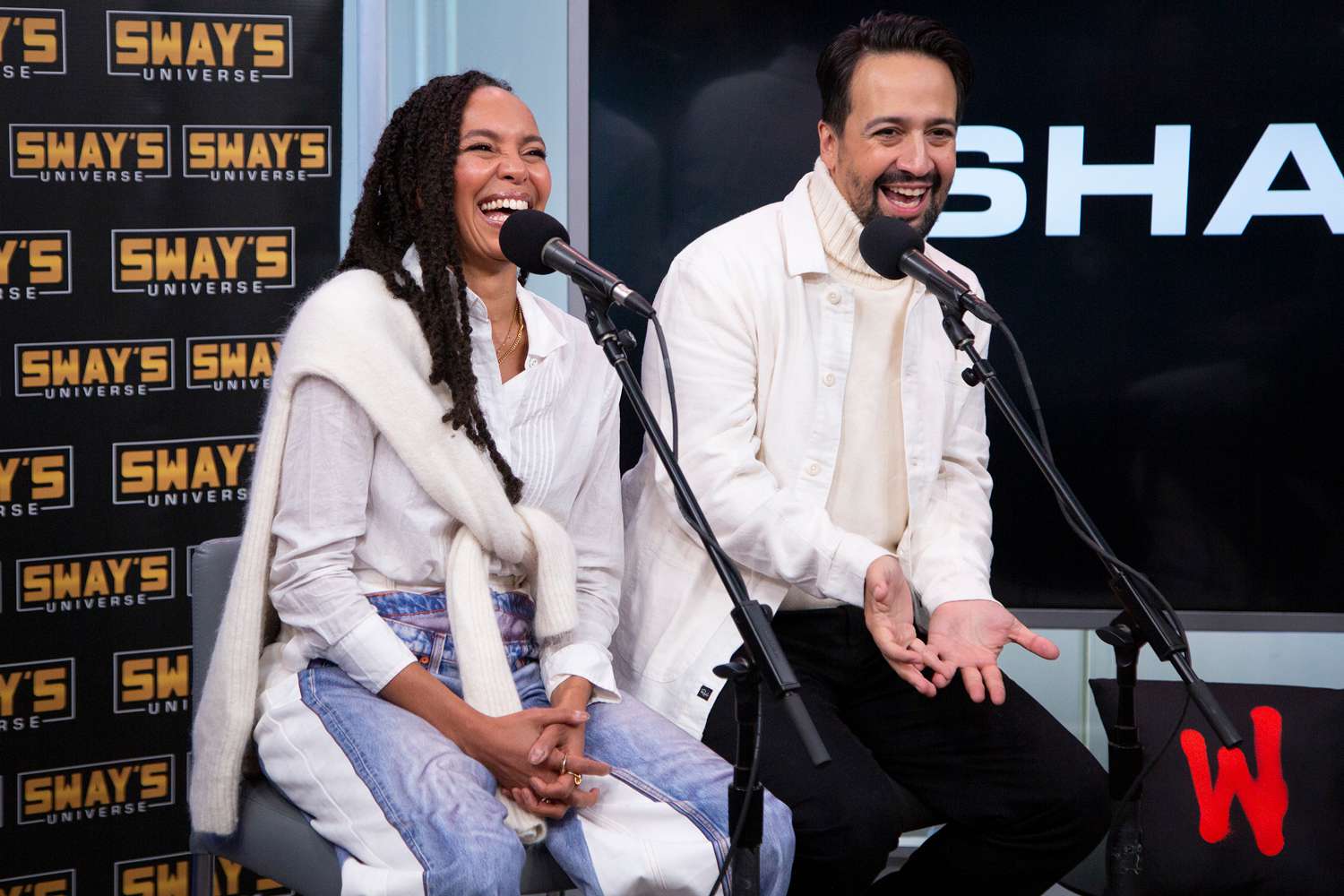 Eisa Davis and Lin-Manuel Miranda at SiriusXM Studios on October 17, 2024 in New York City