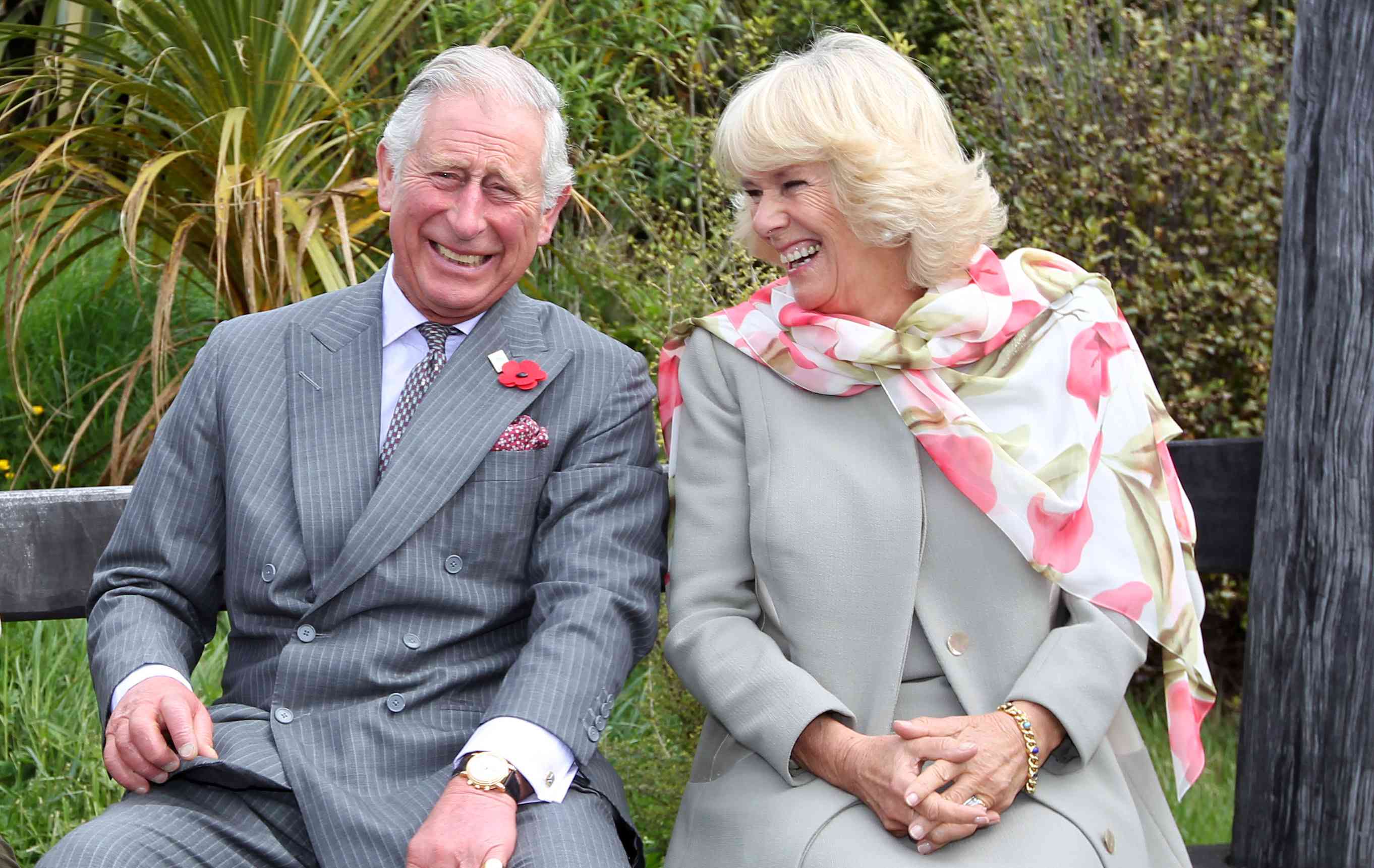 Prince Charles, Prince of Wales and Camilla, Duchess of Cornwall continue to laugh after a bubble bee took a liking to Prince Charles during their visit to the Orokonui Ecosanctuary on November 5, 2015 in Dunedin, New Zealand