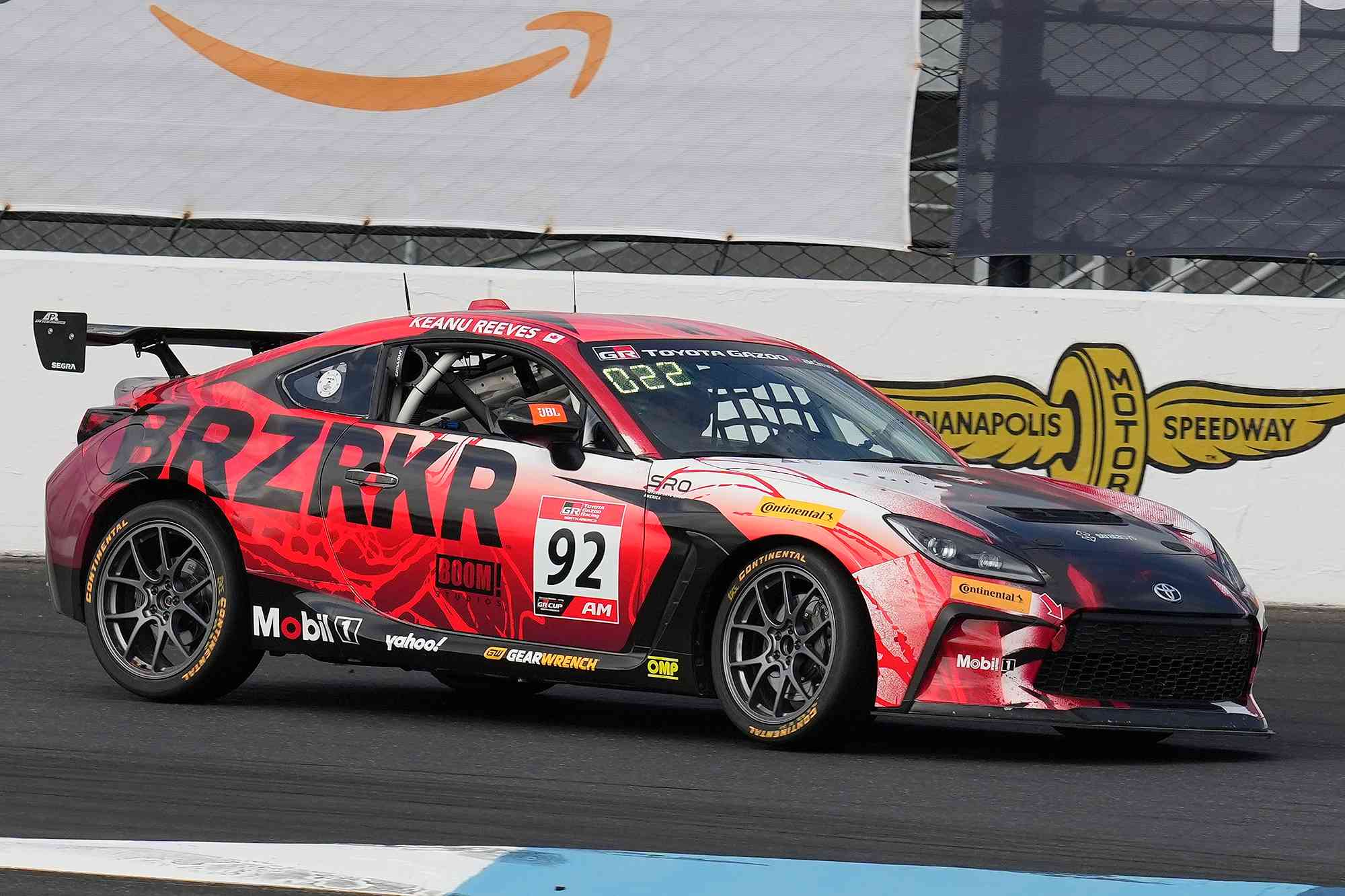 Keanu Reeves drives during the GR Cup Series auto race at Indianapolis Motor Speedway, Saturday, Oct. 5, 2024, in Indianapolis.