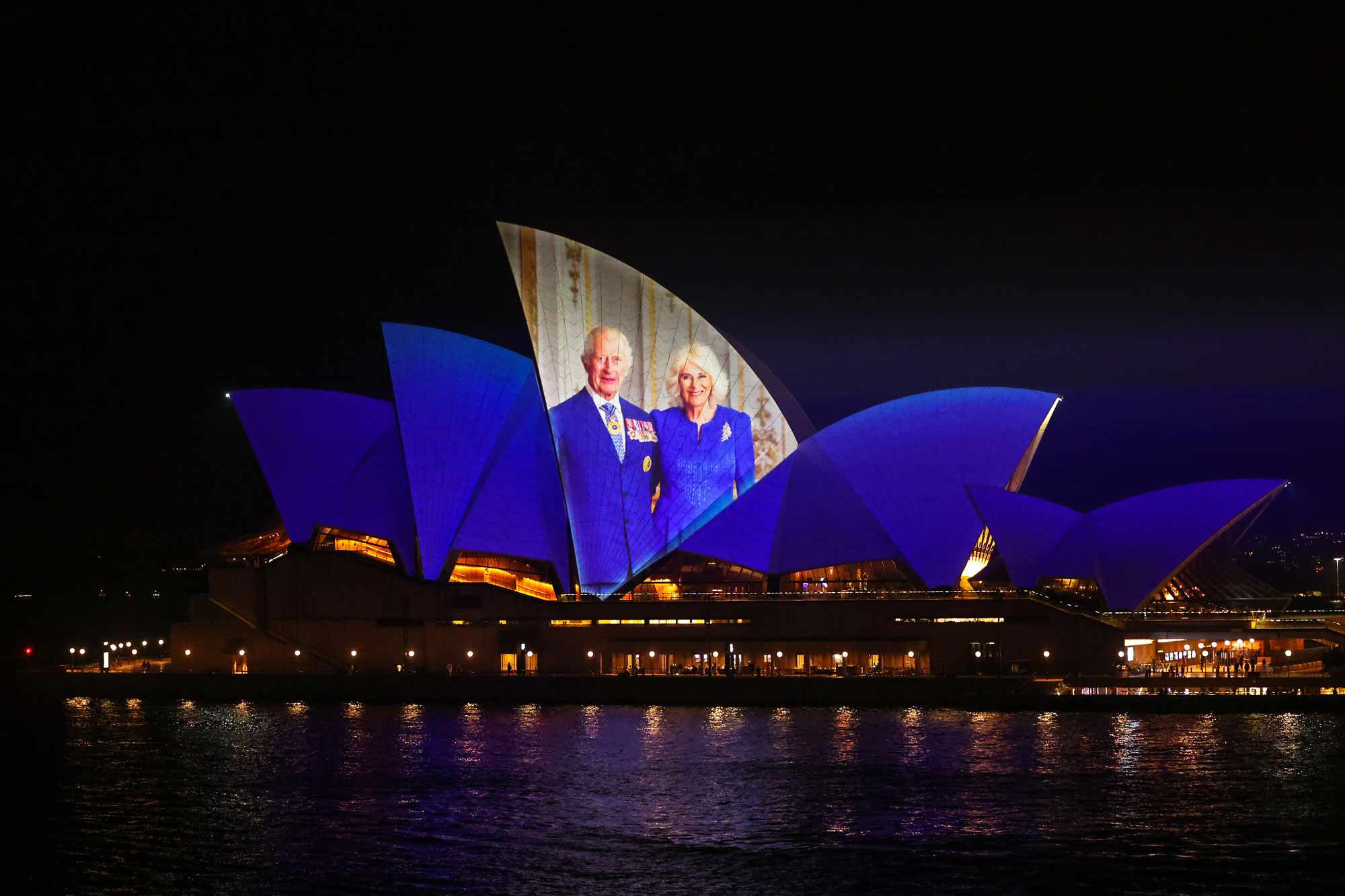 A general view of images from previous royal visits projected onto the Sydney Opera House on October 18, 2024 in Sydney, Australia. The King's visit to Australia will be his first as Monarch, and CHOGM in Samoa will be his first as Head of the Commonwealth