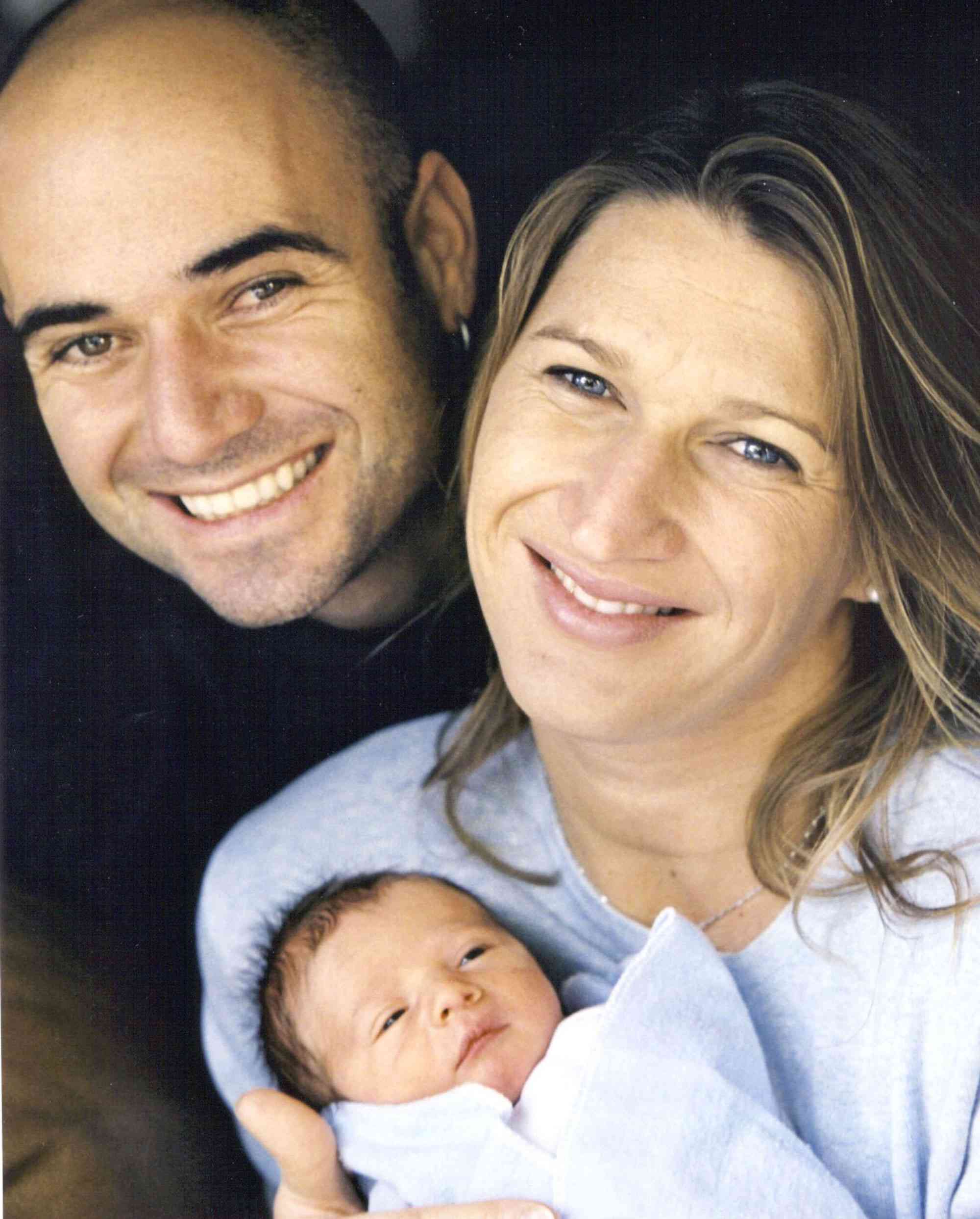 396611 01: Tennis players Andre Agassi and Steffi Graf hold their new son Jaden Gil on October 27, 2001 in Las Vegas, NV. Their baby weighed five pounds fourteen ounces when born October 26, 2001 at a Las Vegas hospital arriving three weeks prematurely. (Photo courtesy of Agassi Enterprises Inc./Getty Images)