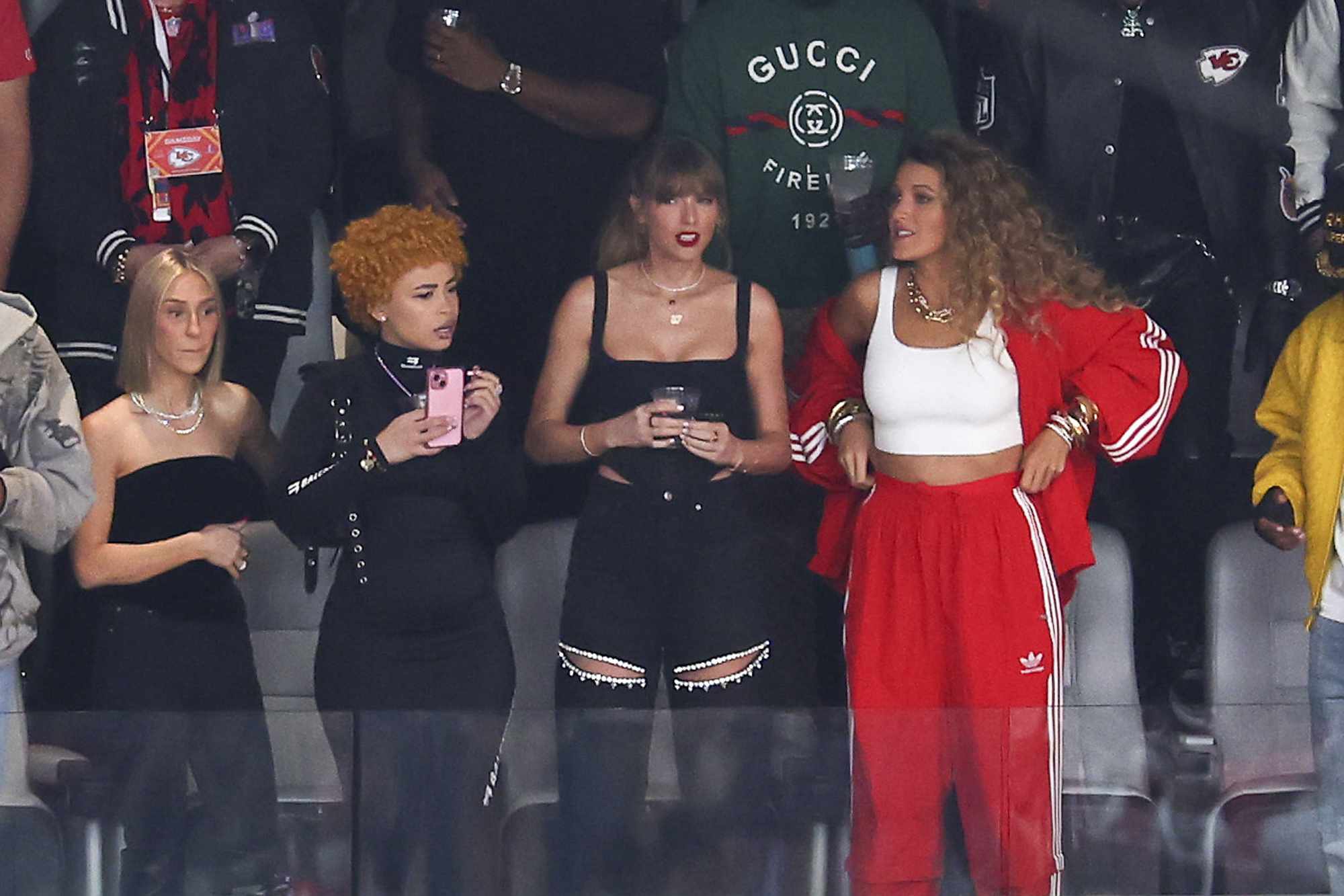 Singer Taylor Swift and Actress Blake Lively talk before Super Bowl LVIII between the San Francisco 49ers and Kansas City Chiefs at Allegiant Stadium on February 11, 2024 in Las Vegas, Nevada. (Photo by Michael Reaves/Getty Images)