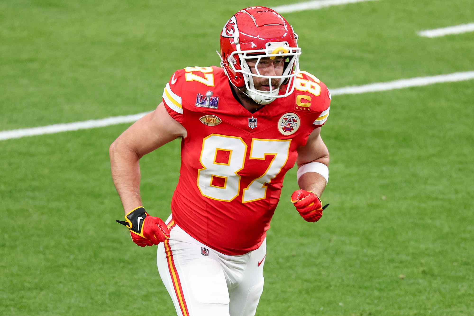 Travis Kelce at the Super Bowl LVIII Pregame held at Allegiant Stadium on February 11, 2024 in Paradise, Nevada.