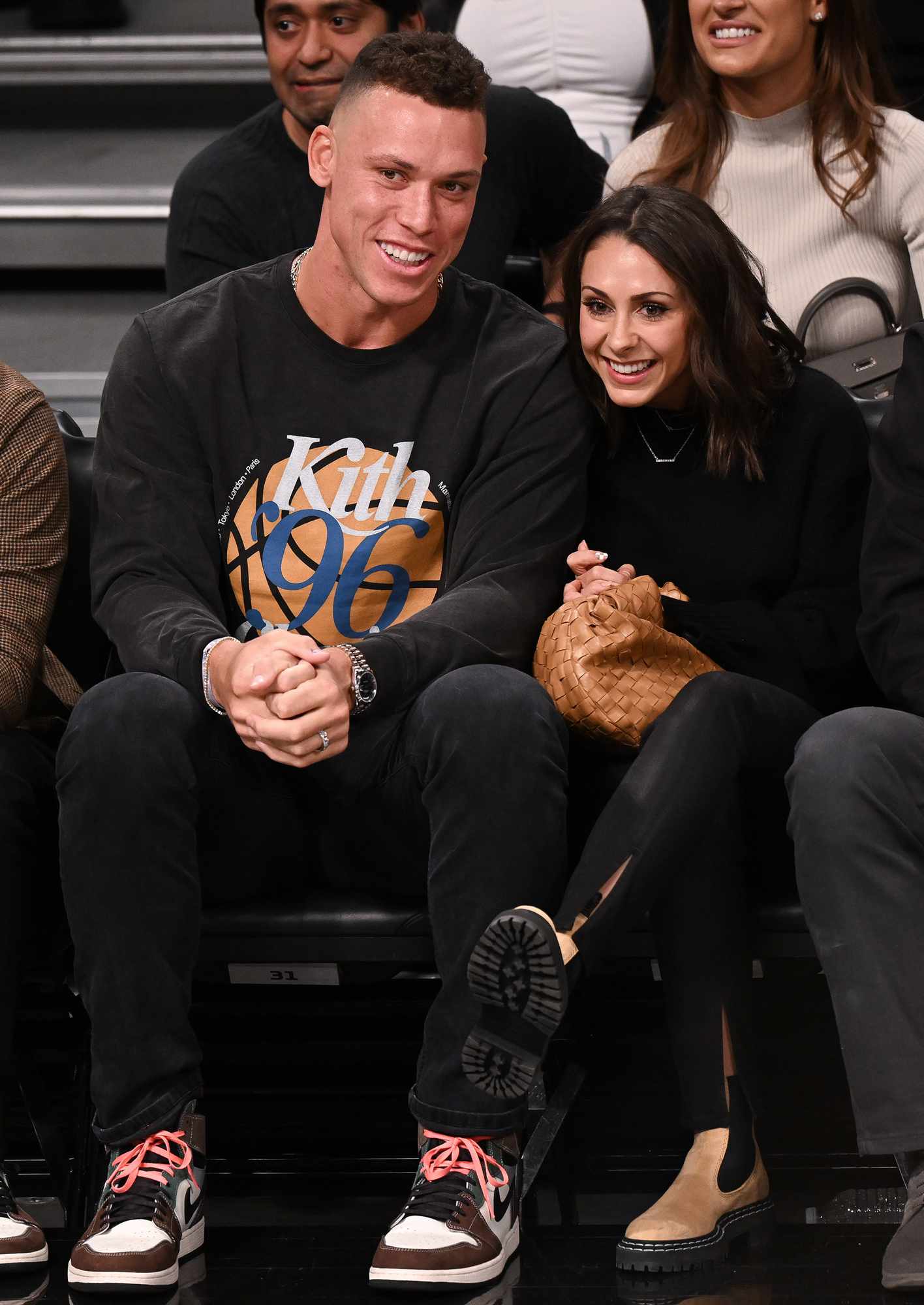 Aaron Judge and Samantha Bracksieck attend Brooklyn Nets v Boston Celtics game at Barclays Center of Brooklyn on April 23, 2022 in New York City