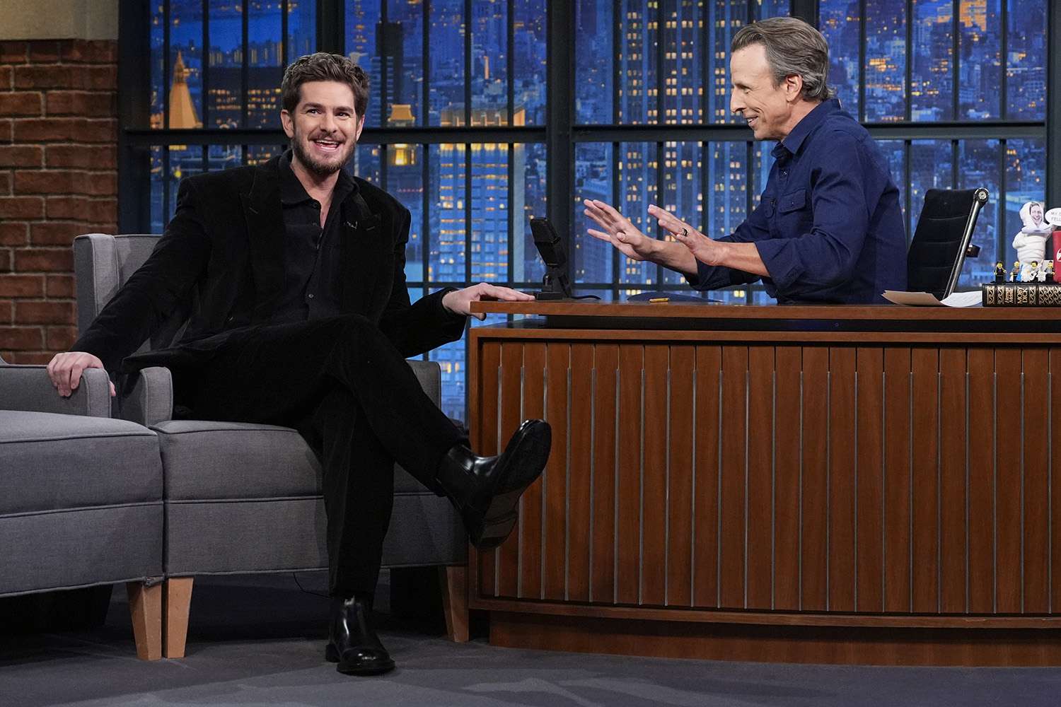 Andrew Garfield during an interview with host Seth Meyers on LATE NIGHT WITH SETH MEYERS