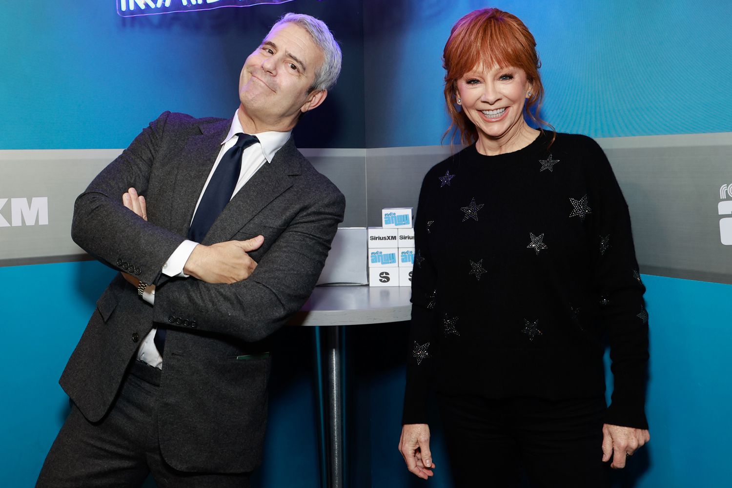 Andy Cohen and Reba McEntire visit SiriusXM Studios on October 28, 2024 in New York City