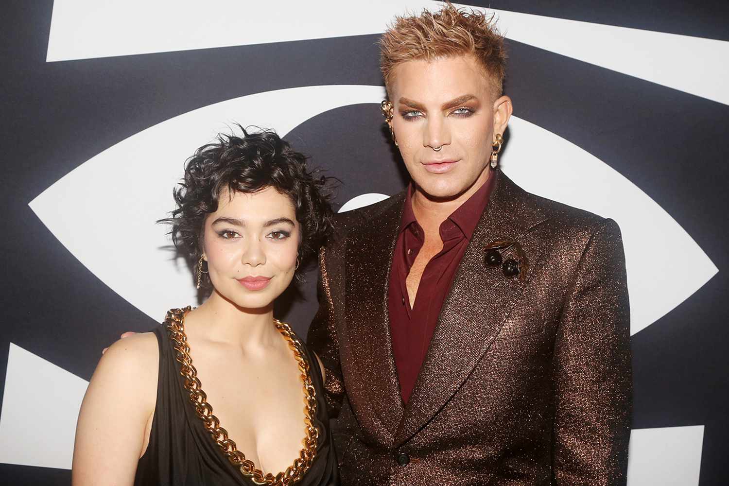 Auli'i Cravalho and Adam Lambert pose at the after party celebrating "Adam Lambert & Auli'i Cravalho joining the cast of Cabaret at The Kit Kat Club" on Broadway 