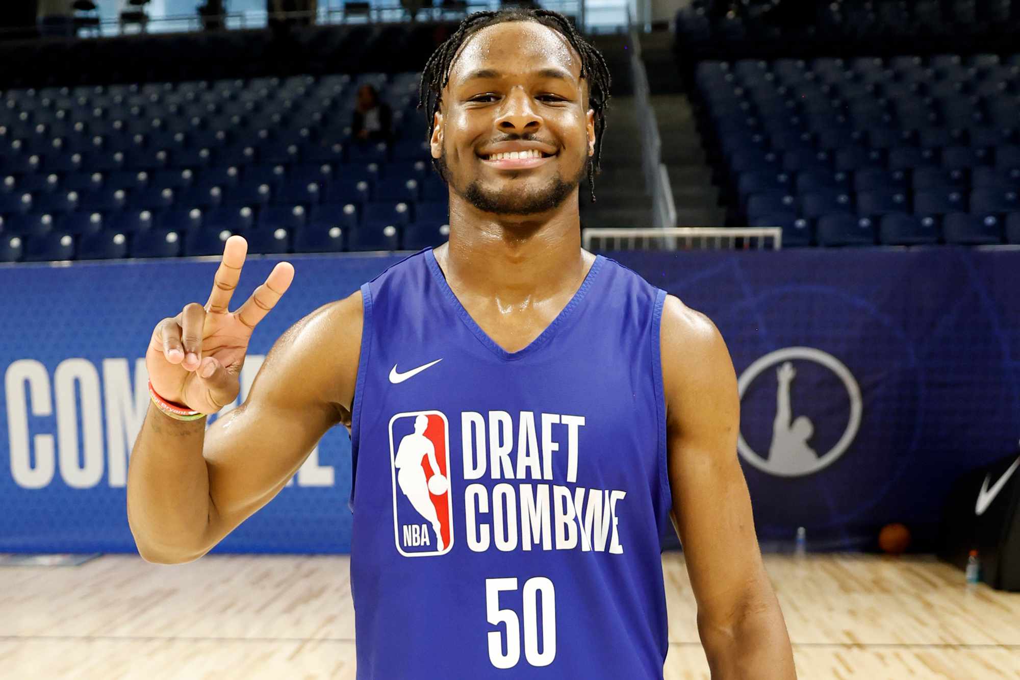 Bronny James pose for a photo during the 2024 NBA Combine on May 13, 2024 at Wintrust Arena in Chicago, Illinois.