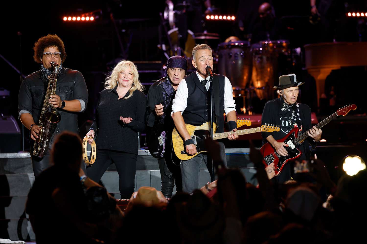 Jake Clemons, Soozie Tyrell, Steven Van Zandt, Bruce Springsteen, and Nils Lofgren perform during the 2024 Sea.Hear.Now Festival on the beach on September 15, 2024 in Asbury Park, New Jersey.