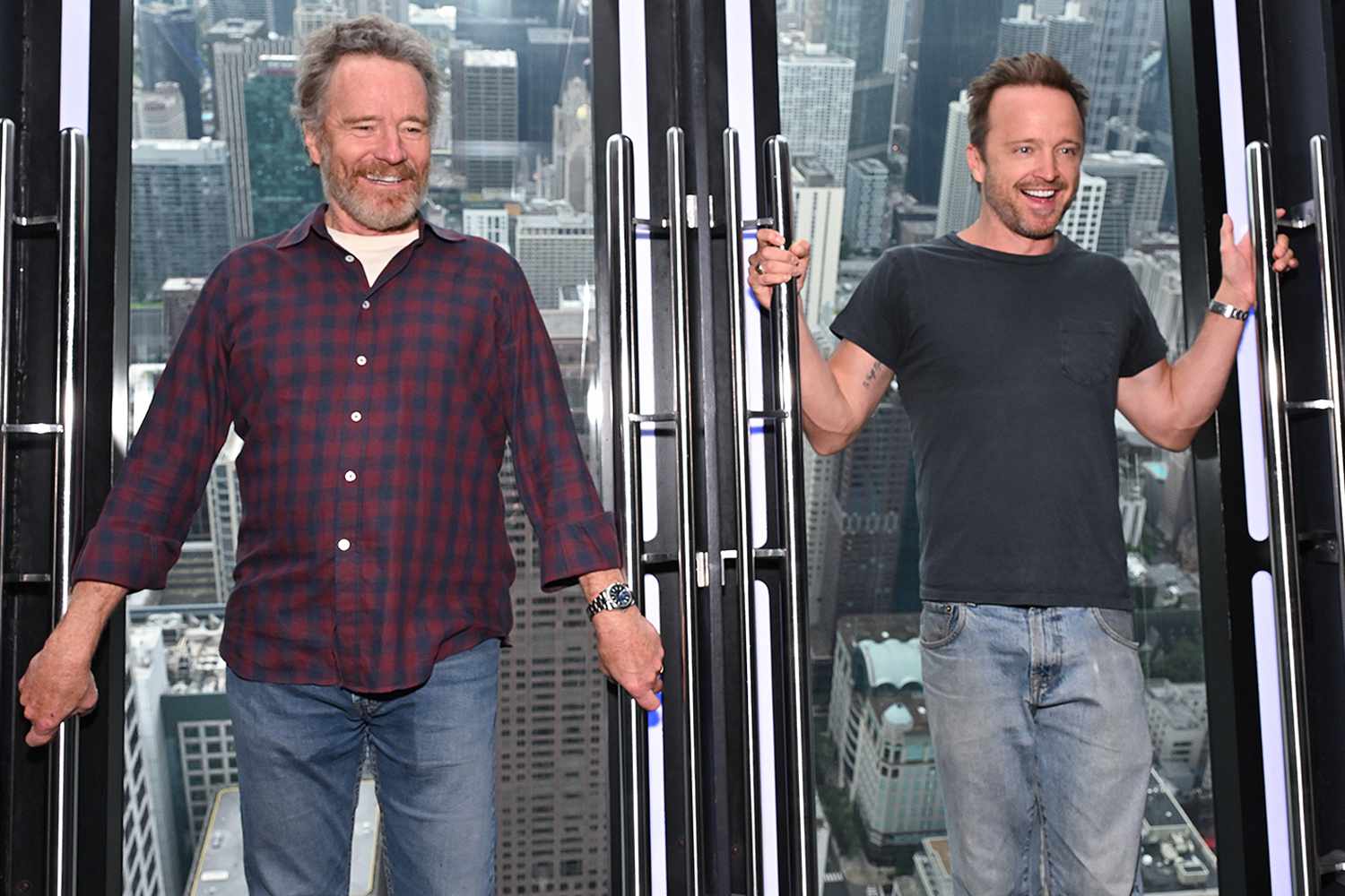 Bryan Cranston and Aaron Paul visit Tilt inside 360 CHICAGO to promote Dos Hombres Mezcal at CloudBar