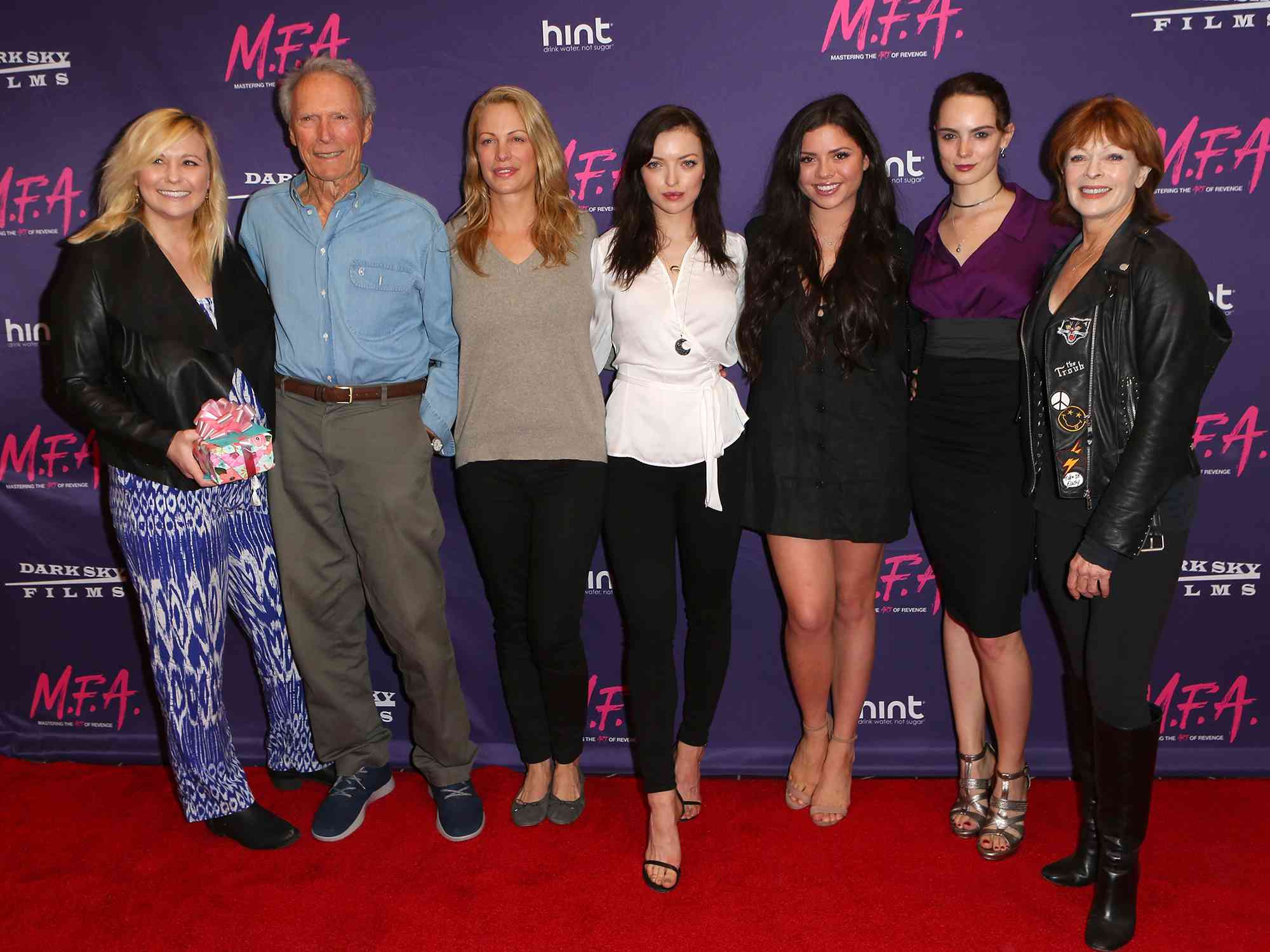 Kathryn Eastwood, Clint Eastwood, Alison Eastwood, Francesca Eastwood, Morgan Eastwood and Francis Fisher at the premiere of Dark Sky Films' "M.F.A." on October 2, 2017 in West Hollywood, California.