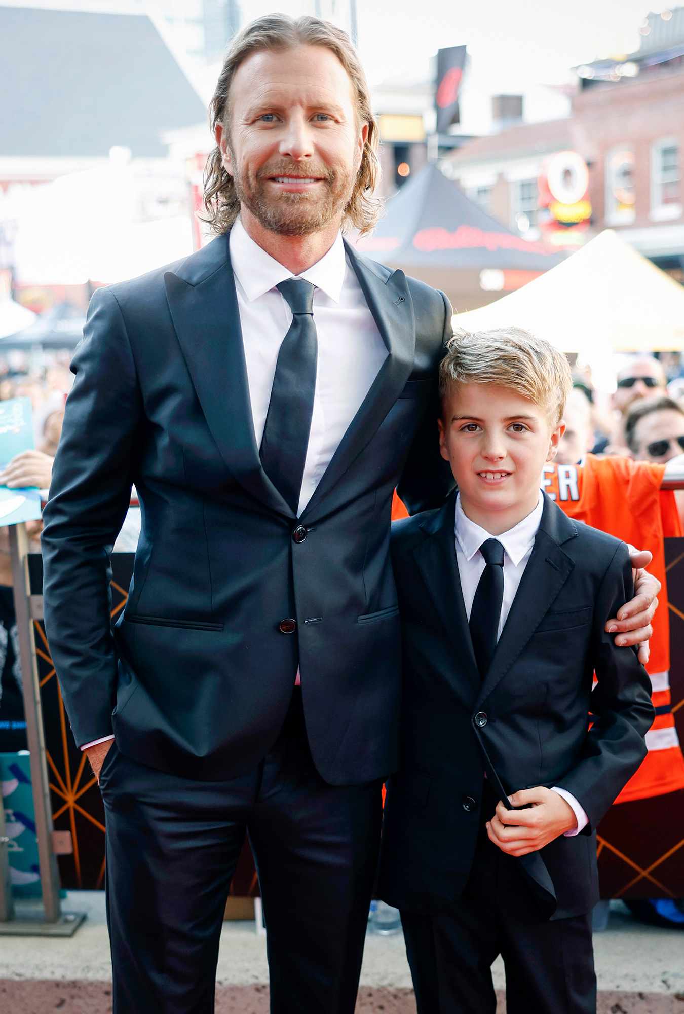 Dierks Bentley and son Knox are seen on the Red Carpet before the 2023 NHL Awards on June 26, 2023 in Nashville, Tennessee. 