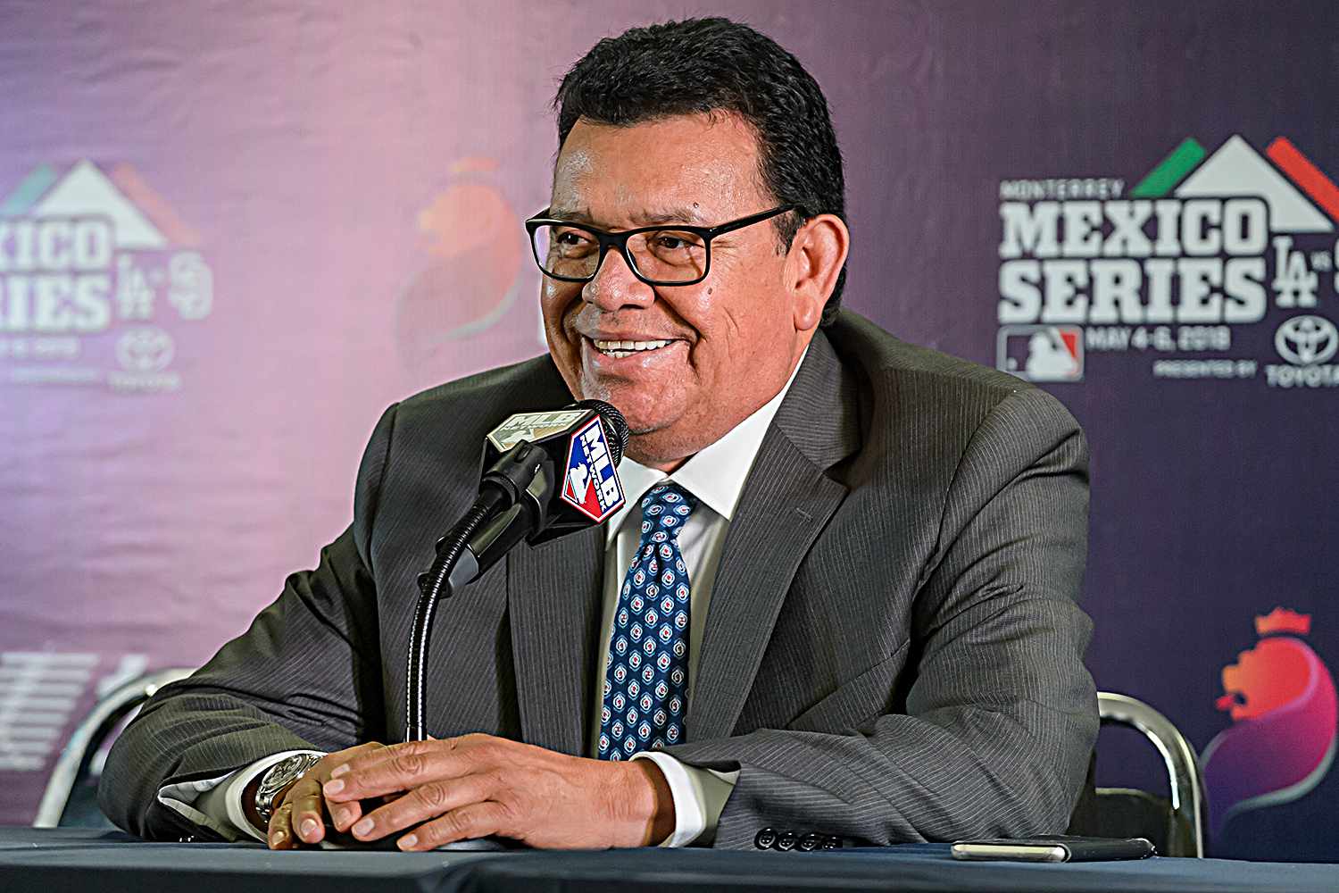 Fernando Valenzuela speaks during a press conference prior the MLB game between the San Diego Padres and the Los Angeles Dodgers at Estadio de Beisbol Monterrey on May 5, 2018 in Monterrey, Mexico.