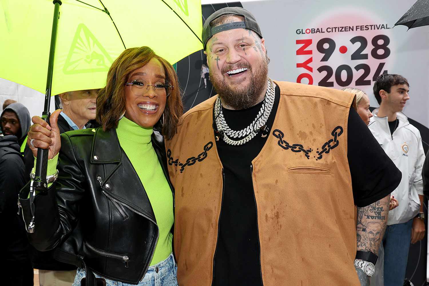 Gayle King and Jelly Roll pose backstage during the Global Citizen Festival 2024