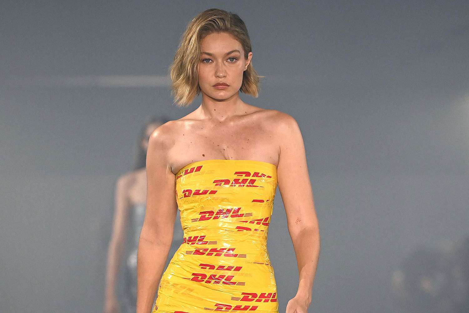 US super model Gigi Hadid presents a creation by Vetements for the Women Ready-to-wear Spring-Summer 2025 collection as part of the Paris Fashion Week, in Paris on September 27, 2024.