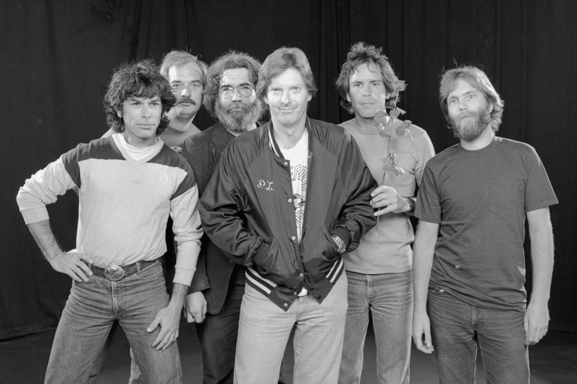 The Grateful Dead are, left to right: drummers Mickey Hart and Bill Kreutzmann, singer and guitarist Jerry Garcia, singer and bassist Phil Lesh, guitarist Bob Weir, and keyboardist Brent Mydland. 