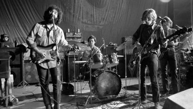 Music group The Grateful Dead with Ron Pigpen McKernan on keyboards, Jerry Garcia, Bill Kreutzmann on drums, Phil Lesh and Bob Weir perform on stage during