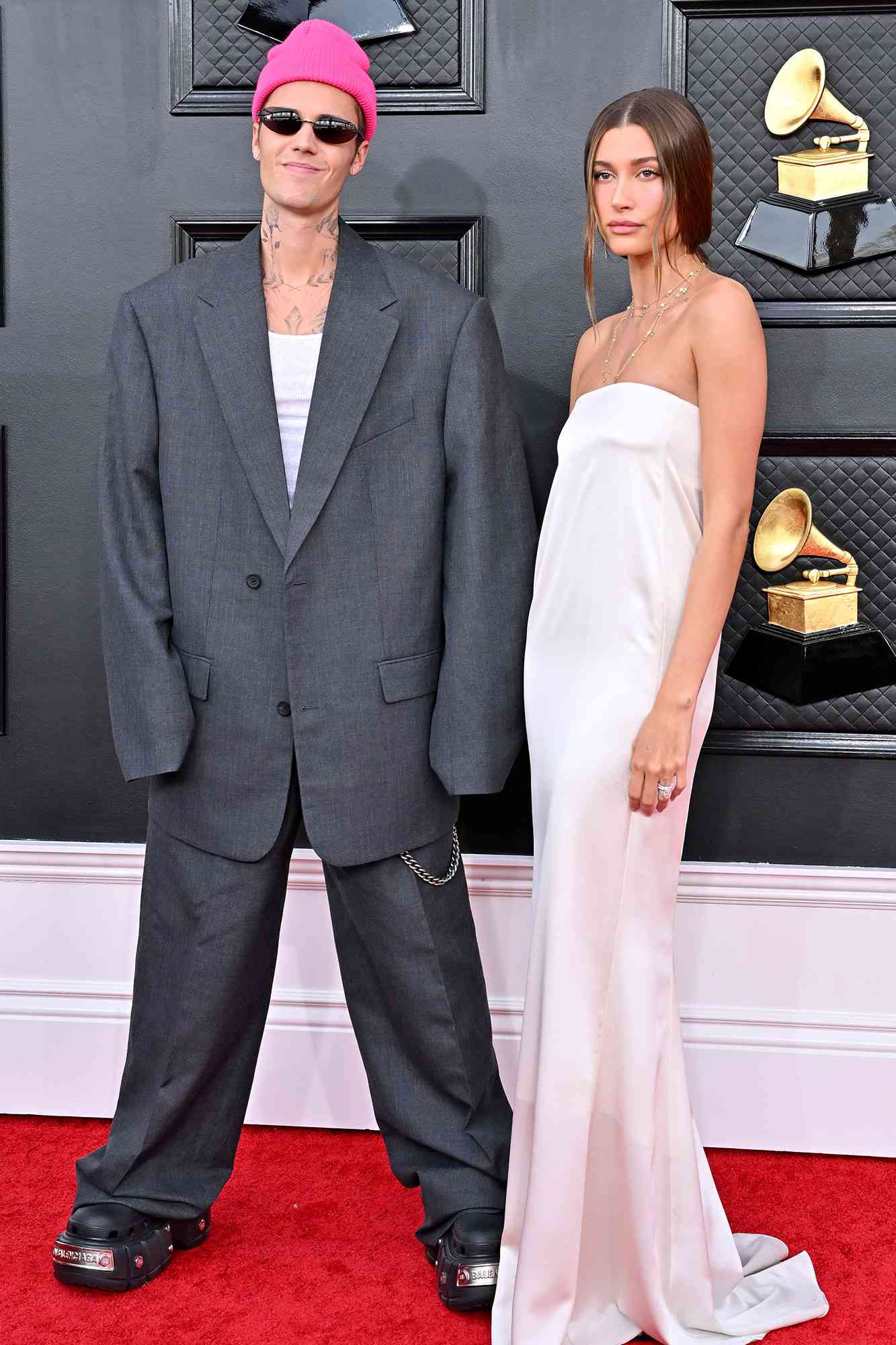 Justin Bieber and Hailey Bieber attend the 64th Annual GRAMMY Awards on April 03, 2022 in Las Vegas, Nevada.