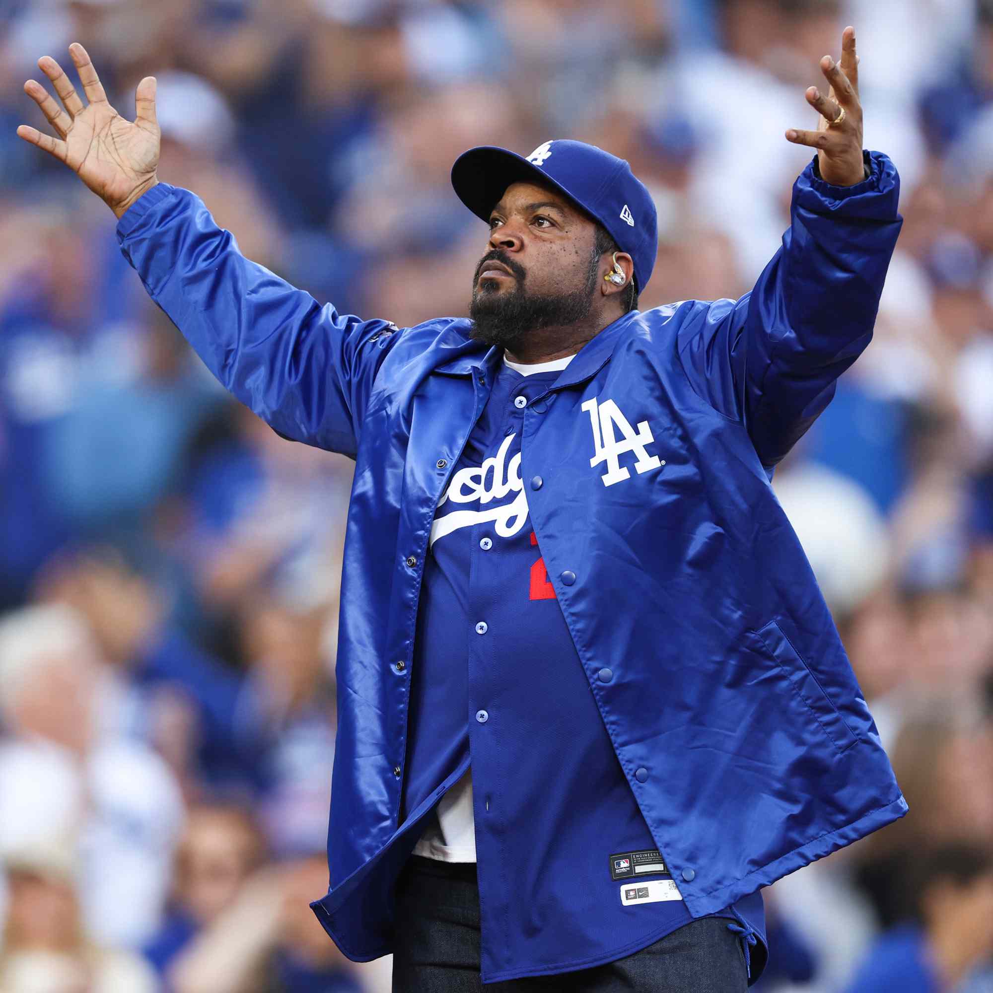 Rapper Ice Cube performs before the New York Yankees play the Los Angeles Dodgers during Game Two of the 2024 World Series at Dodger Stadium on October 26, 2024 in Los Angeles, California.