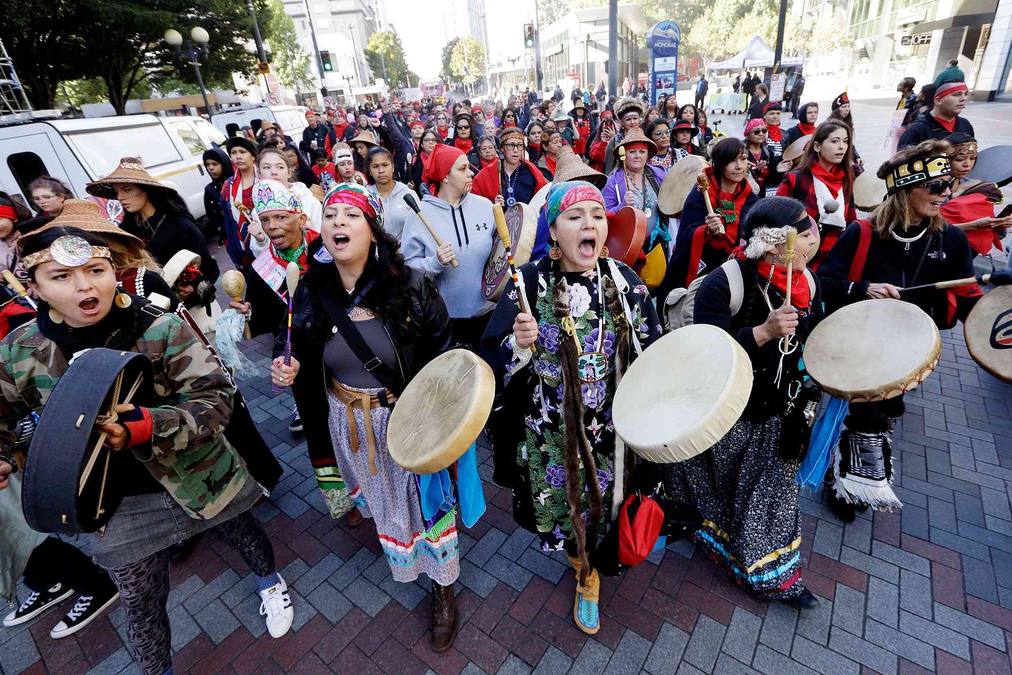 Women drummers sing as they lead a march during an Indigenous Peoples Day event, in Seattle. In 2014, the Seattle City Council voted to stop recognizing Columbus Day and instead turned the second Monday in October into a day of recognition of Native American cultures and peoples Indigenous Peoples Day, Seattle, USA - 09 Oct 2017