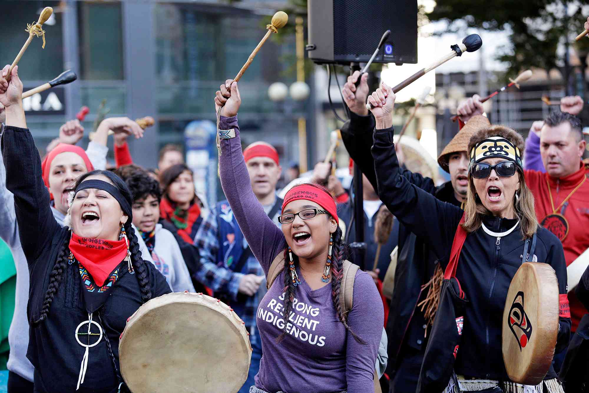 Drummers let out a yell as they finish a song during an Indigenous Peoples Day gathering before a march, in Seattle. In 2014, the Seattle City Council voted to stop recognizing Columbus Day and instead turned the second Monday in October into a day of recognition of Native American cultures and peoples Columbus Day Quarrel, Seattle, USA - 09 Oct 2017