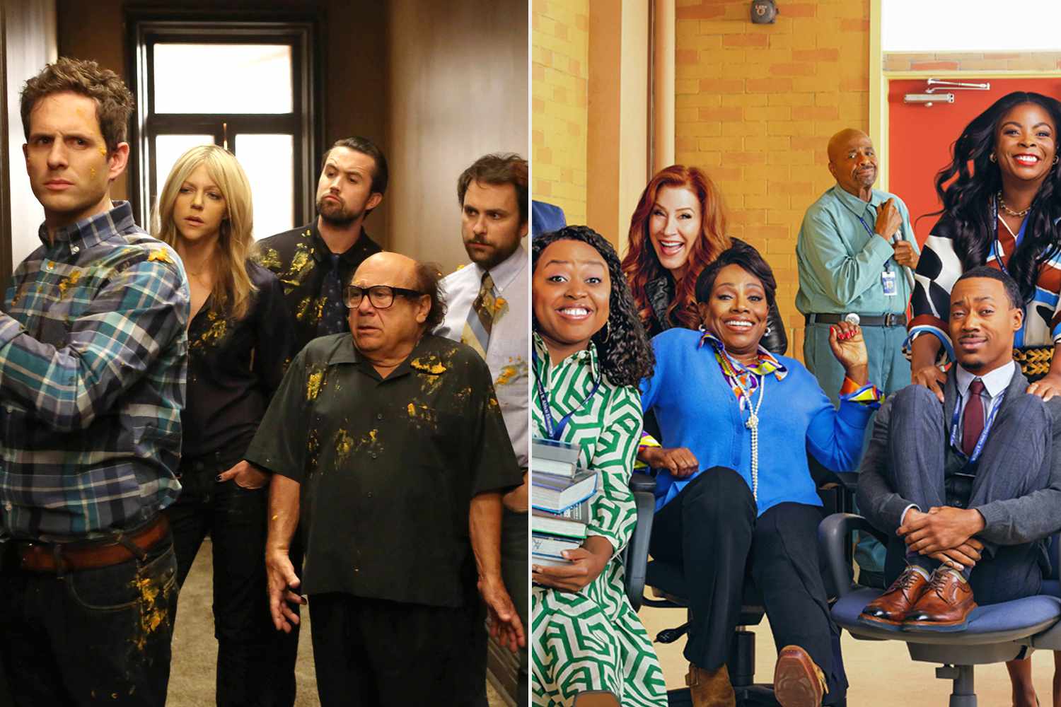 IT'S ALWAYS SUNNY IN PHILADELPHIA, l-r: Glenn Howerton, Kaitlin Olson, Rob McElhenney, Danny DeVito, Charlie Day; ABBOTT ELEMENTARY - ABCs Abbott Elementary stars Chris Perfetti as Jacob, Quinta Brunson as Janine, Lisa Ann Walter as Melissa, Sheryl Lee Ralph as Barbara, William Stanford Davis as Mr. Johnson, Tyler James Williams as Gregory, and Janelle James as Ava. 