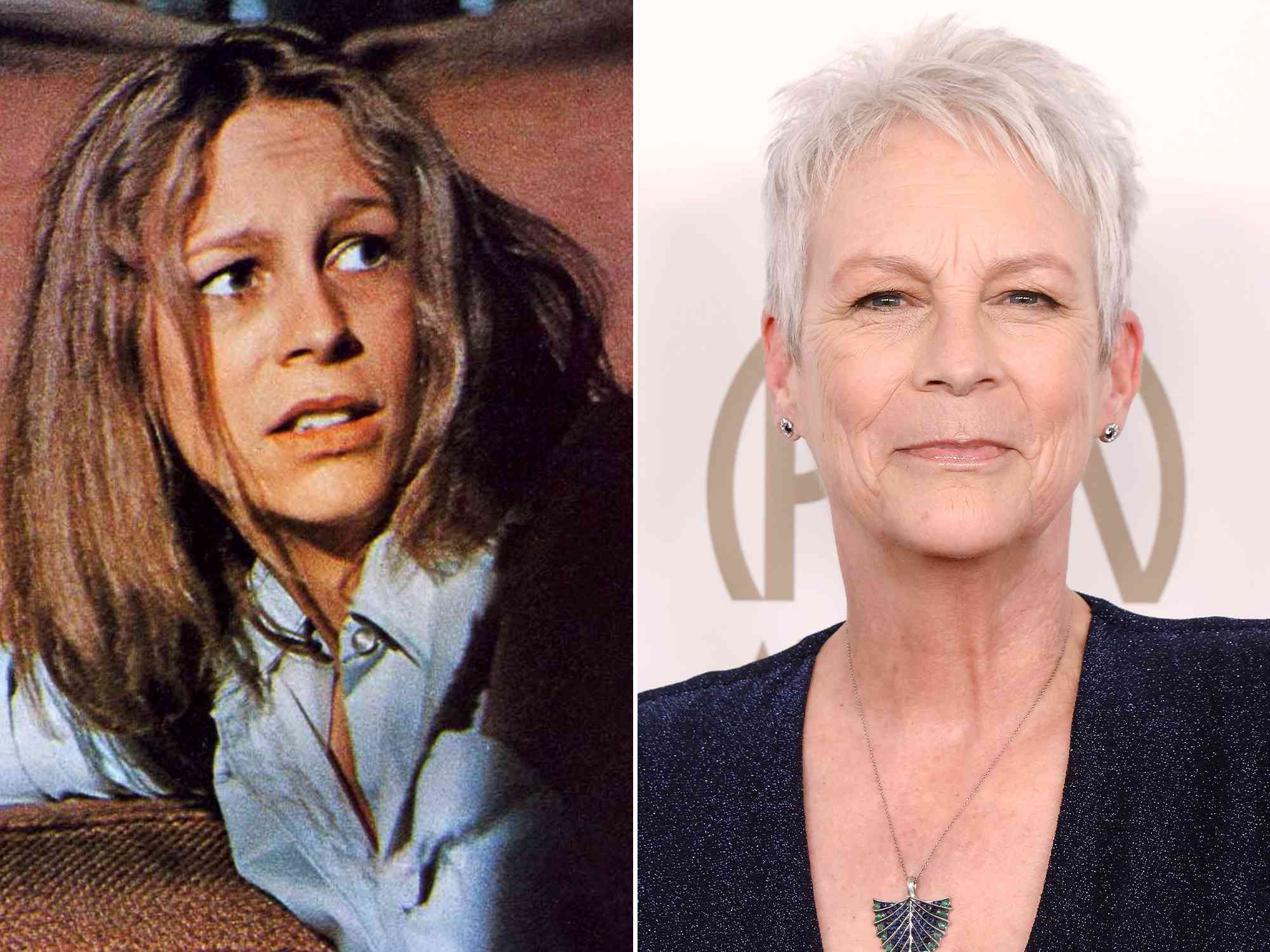 Jamie Lee Curtis as Laurie Strode in 'Halloween'. ; Jamie Lee Curtis at the 2023 Producers Guild Awards. 