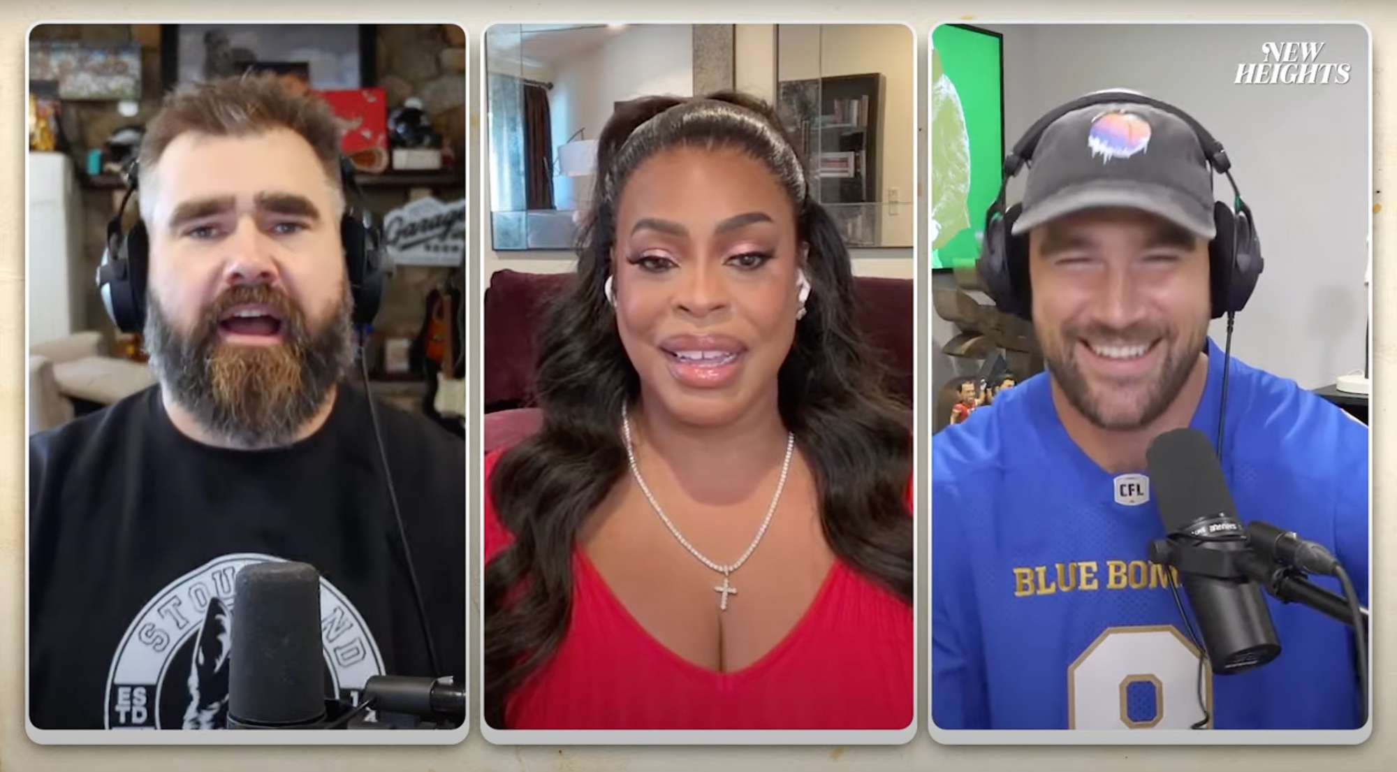 Jason Kelce, Niecy Nash and Travis Kelce on New Heights