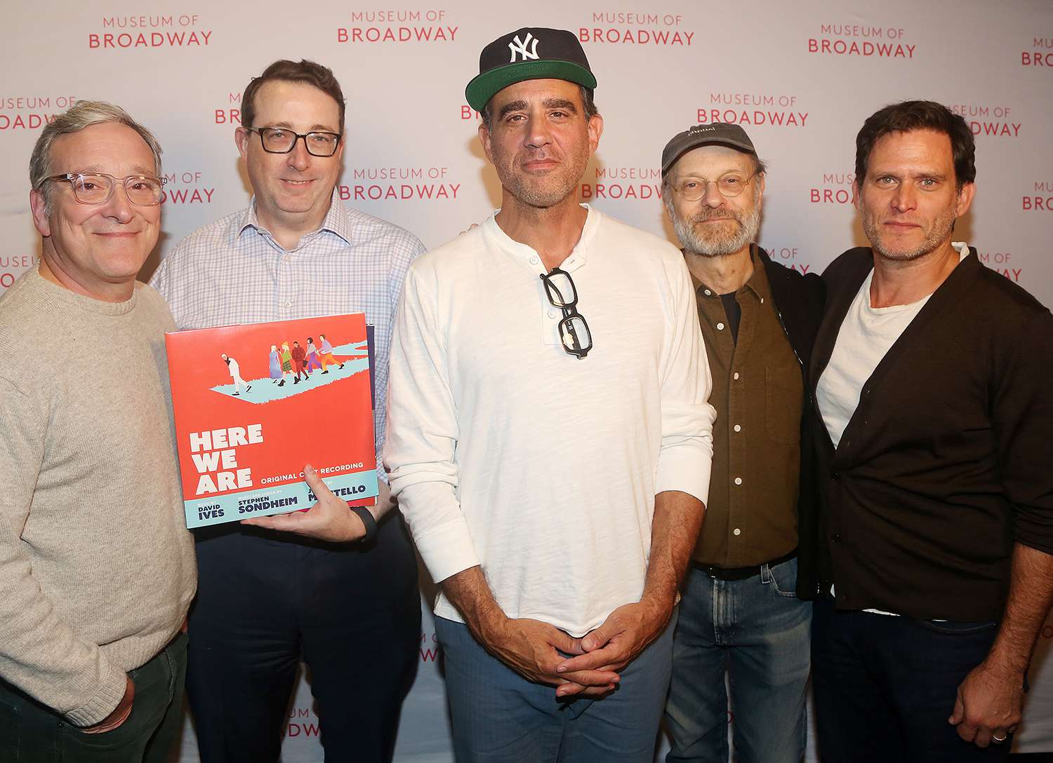 Jeremy Shamos, Concord Recordings Chief Theatricals Executive Sean Patrick Flahaven, Bobby Cannavale, David Hyde Pierce and Steven Pasquale pose at a signing for the Concord Theatricals Recordings Original Cast Recording of Stephen Sondheim's last musical "Here We Are" 