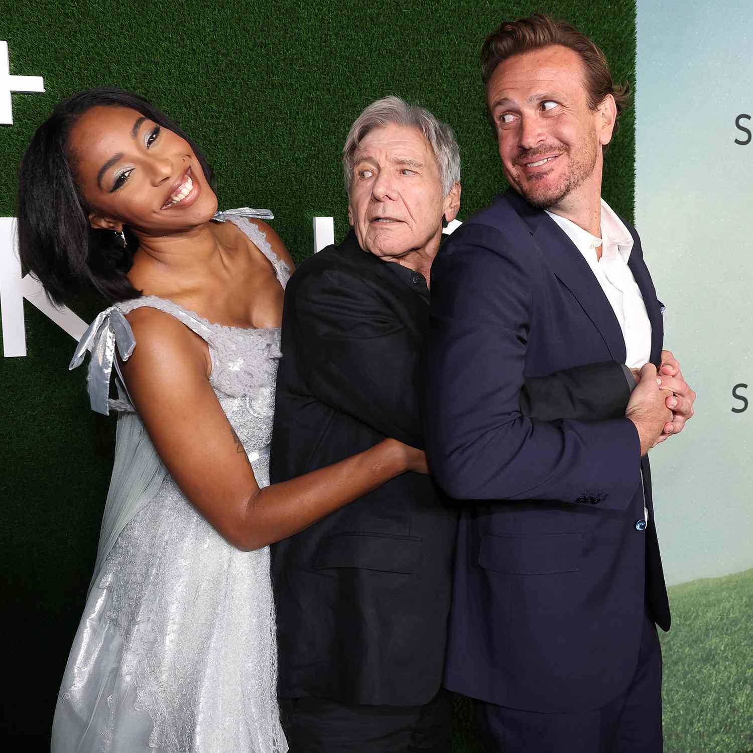 Jessica Williams, Harrison Ford and creator/writer/executive producer Jason Segel attend the season two premiere of the Apple TV+ series Shrinking