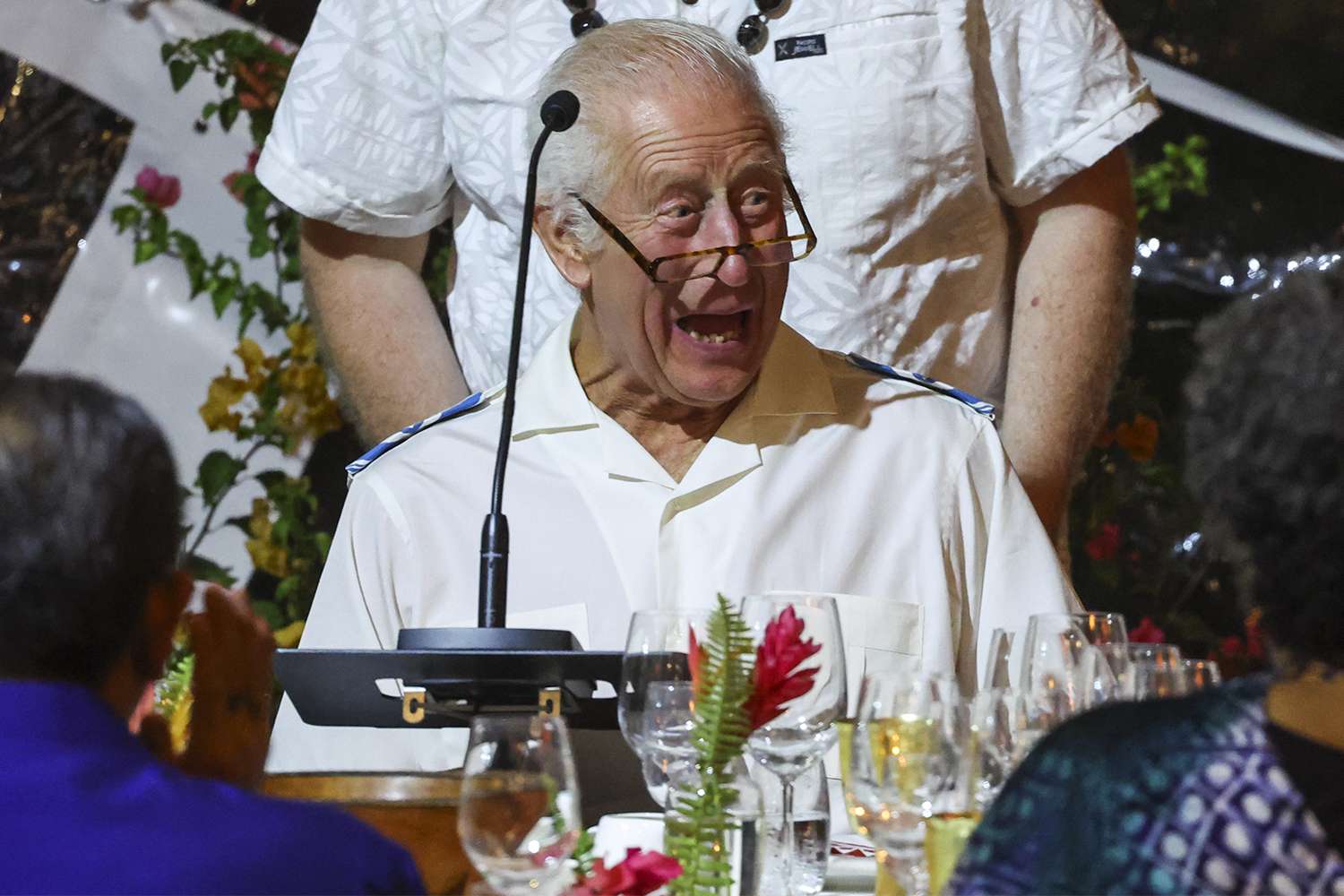 King Charles III reacts at the CHOGM Reception & Dinner at the Robert Louis Stevenson Museum, near Apia on October 25, 2024 in Apia, Samoa