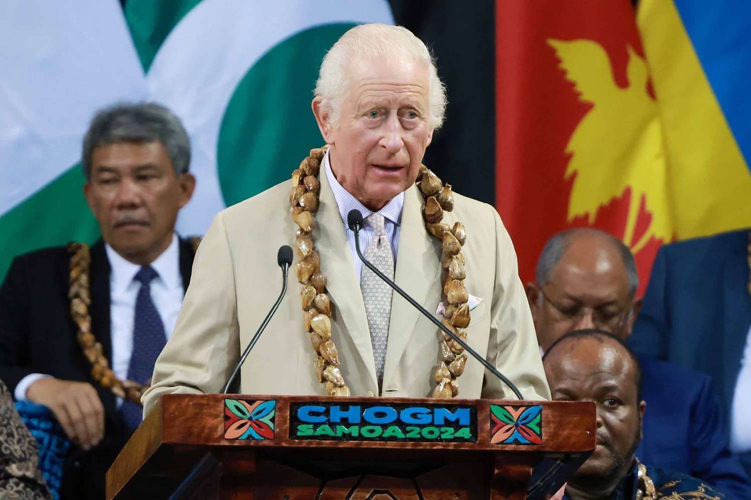 King Charles III speaks during the opening of the Commonwealth Heads of Government Meeting (CHOGM) on October 25, 2024 in Apia, Samoa. The King's visit to Australia is his first as monarch, and the Commonwealth Heads of Government Meeting (CHOGM) in Samoa