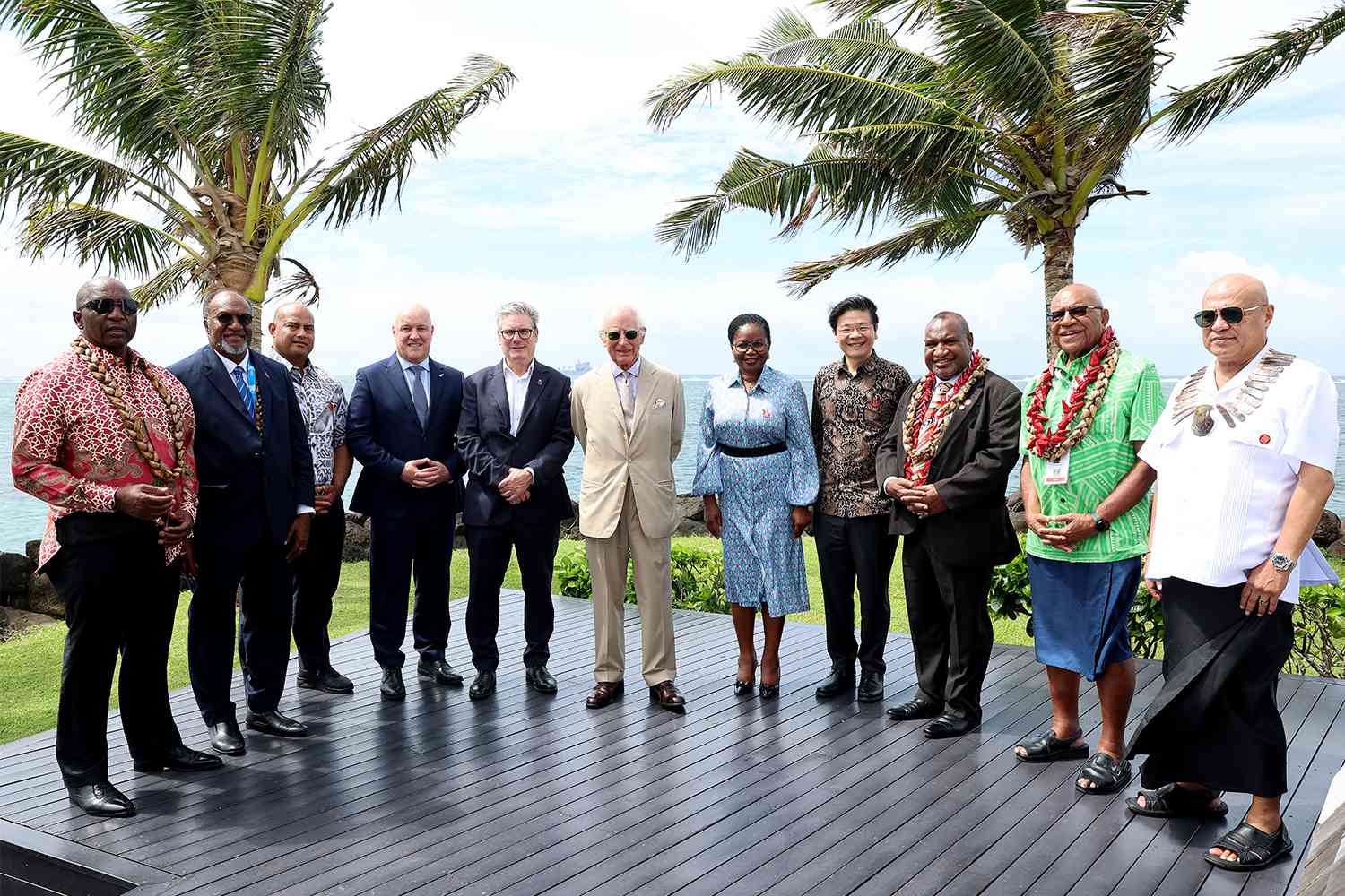 King Charles III poses with new Heads of Government from across the Commonwealth at the New Heads of Government Reception and Taumeasina Island Resort on October 25, 2024 in Apia, Samoa. 