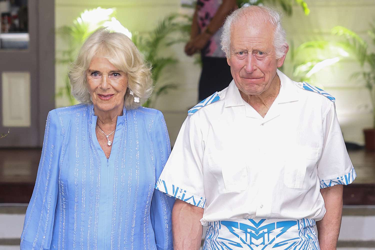 King Charles III and Queen Camilla arrive to attend the CHOGM Reception & Dinner at the Robert Louis Stevenson Museum, near Apia on October 25, 2024 in Apia, Samoa.