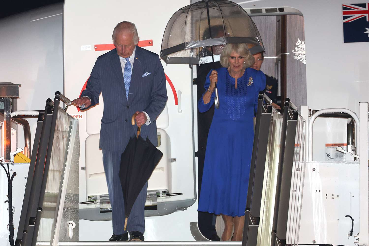 King Charles III And Queen Camilla arrive at Sydney Airport for their official welcome on October 18, 2024 in Sydney, Australia.