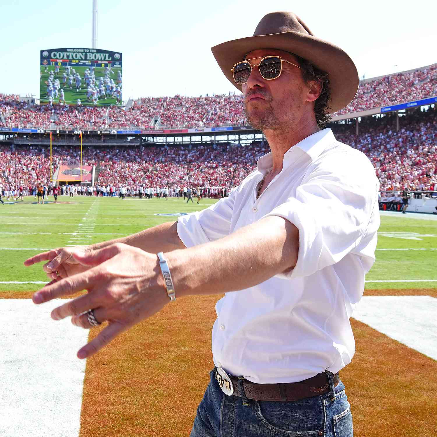 Actor Matthew McConaughey reacts prior to a game between the Oklahoma Sooners and Texas Longhorns at Cotton Bowl Stadium on October 12, 2024 in Dallas, Texas. 