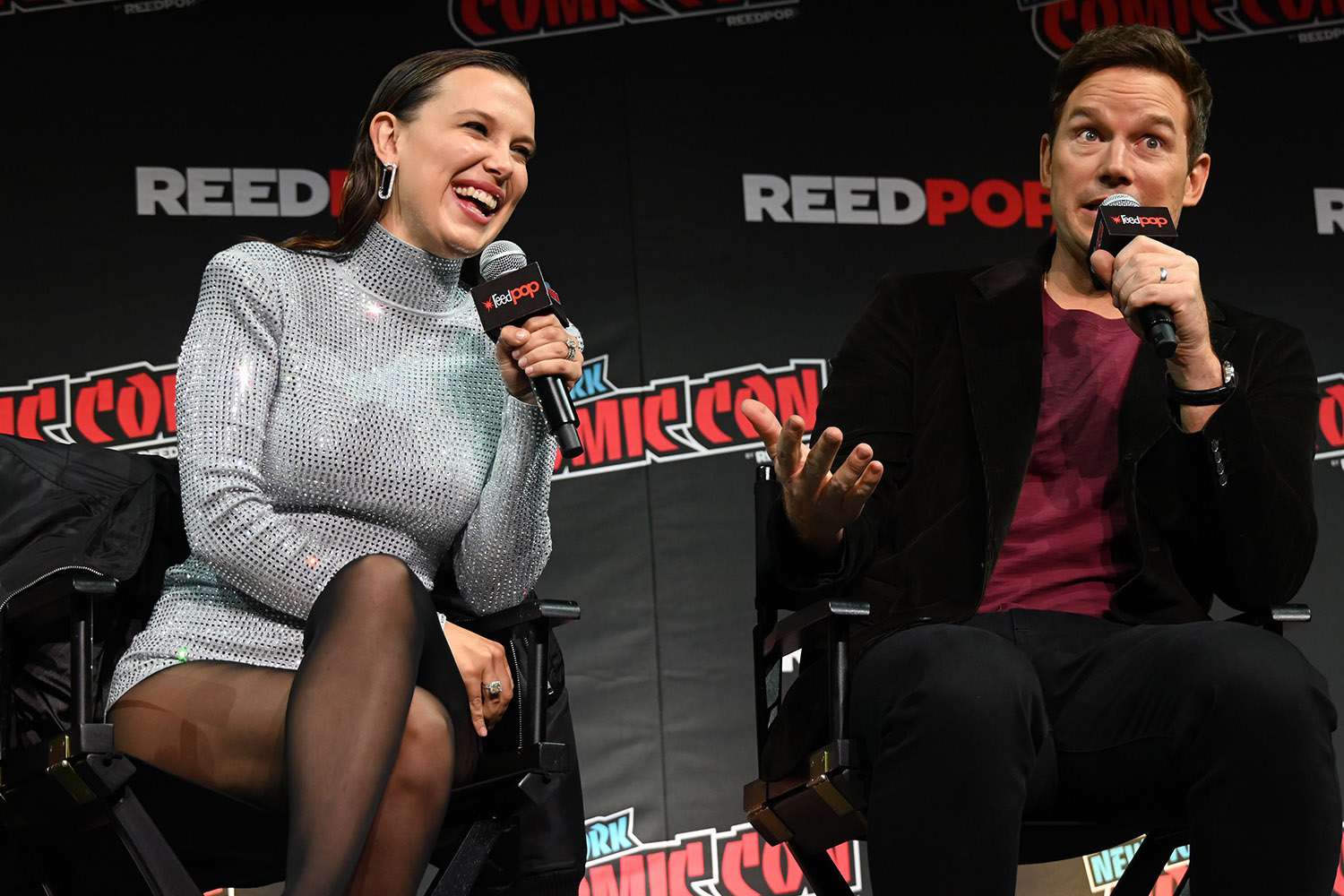 Millie Bobby Brown and Chris Pratt comic con new york 10 17 24