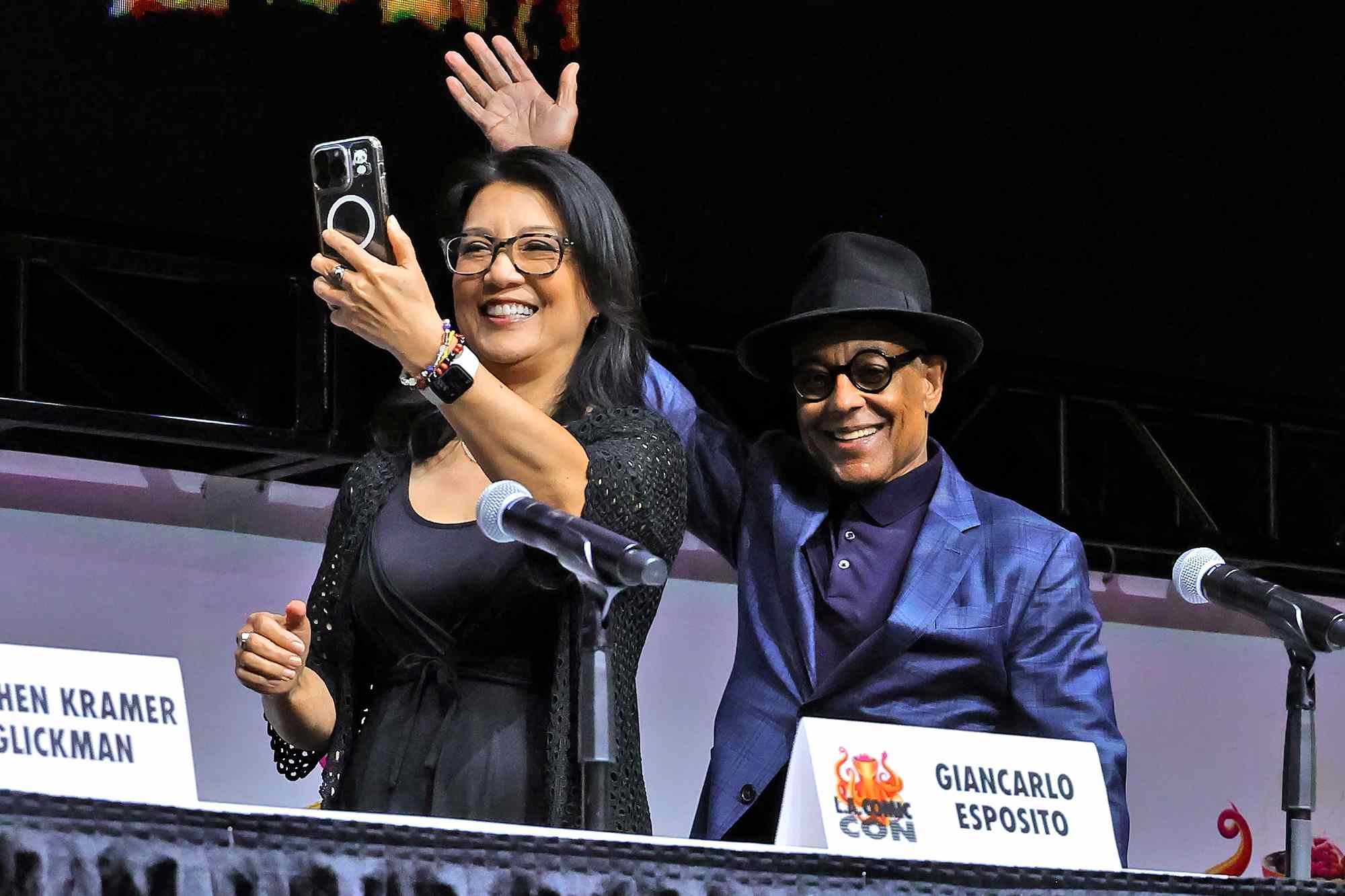 Ming-Na Wen and Giancarlo Esposito attend The Mandalorian panel during 2024 Los Angeles Comic-Con at Los Angeles Convention Center on October 05, 2024 in Los Angeles, California. 