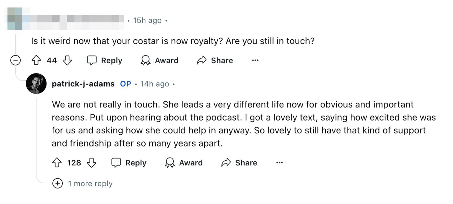 Patrick J. Adams comment about Meghan Markle on Reddit