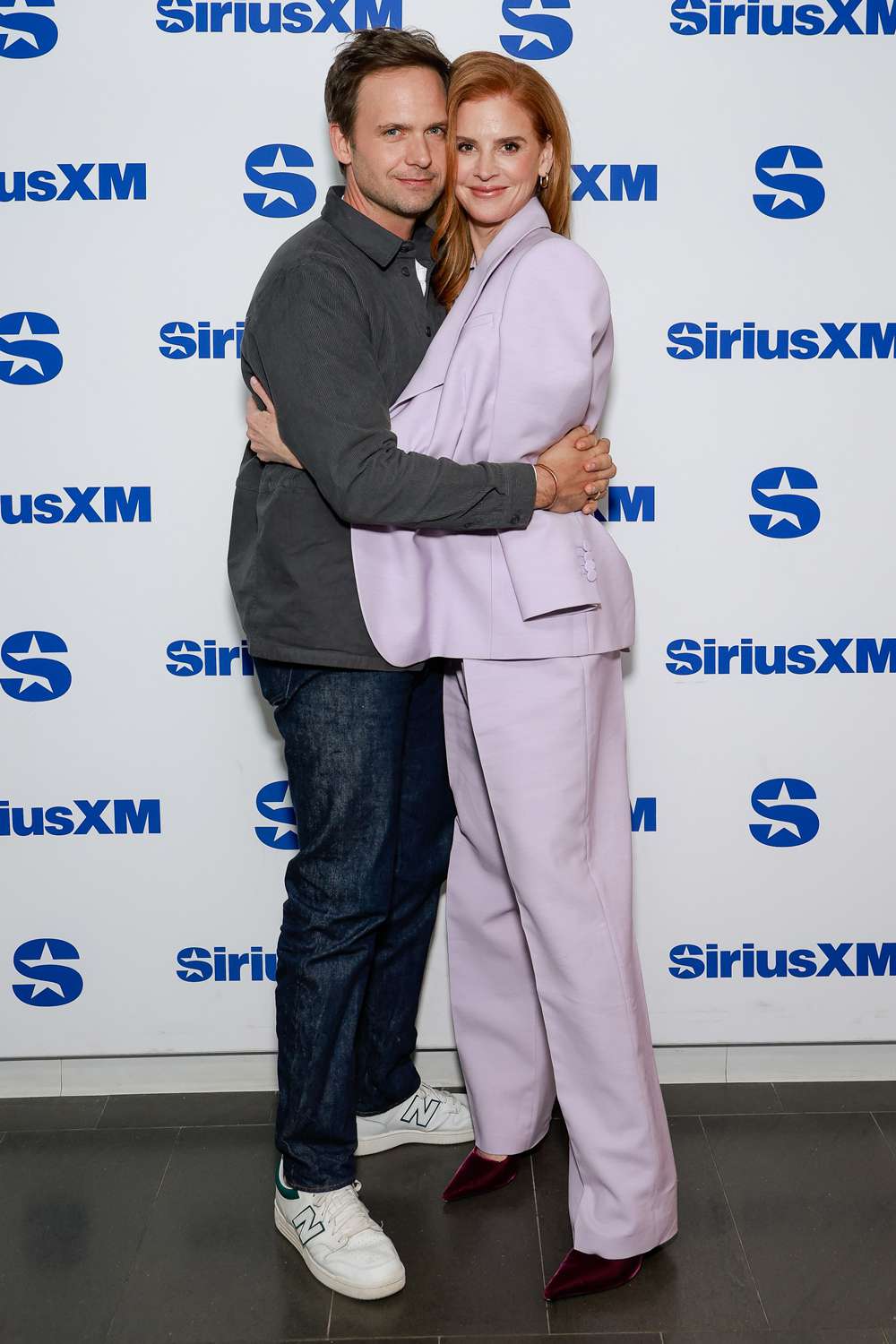 Patrick J. Adams and Sarah Rafferty visit SiriusXM studios on October 28, 2024 in New York City